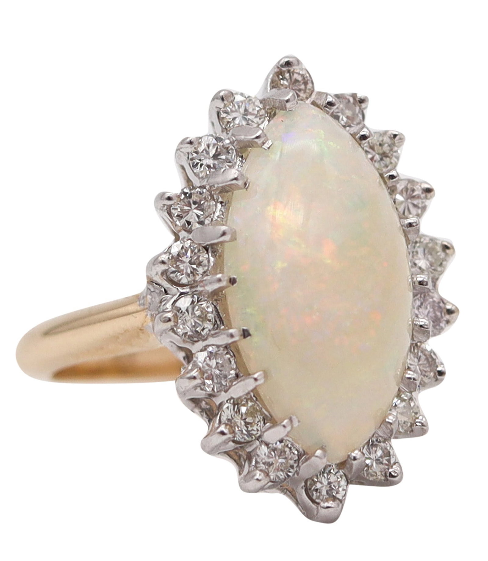 BADEN & FOSS 1950 Cocktail Ring In 14Kt Gold With Australian Opal And Diamonds: Post-war Mid-Century opal and diamond ring, New York City, circa 1950, crafted in solid 14K gold with a polished finish and classic, elegant proportions. Centered with a marquise cabochon Australian o
