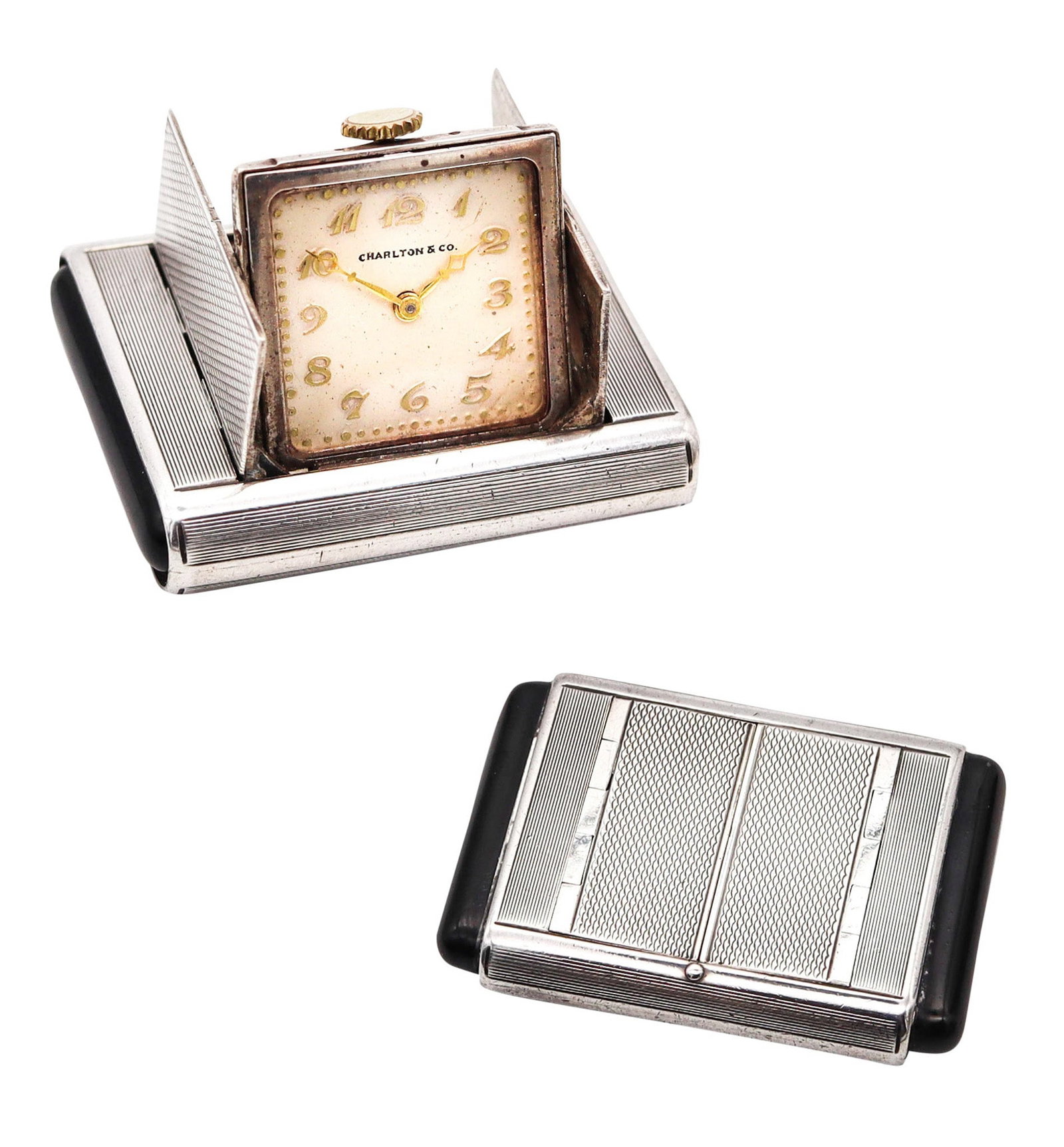 TAVANNES 1929 Art Deco Enamel La Captive Squeeze Travel Clock In .925 Sterling (1 of 6)