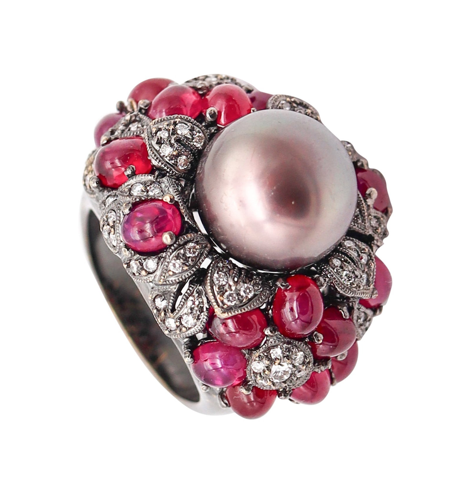 MIKIMOTO Tahitian Pearl Cocktail Ring In 18Kt Gold With 9.33 Ctw Rubies & Diamonds: Fabulous Mikimoto statement cocktail ring, Japan, crafted in solid 18K white gold with high-polish and black rhodium finishes for dramatic contrast. Topped with a cultured round black pearl (12mm) and