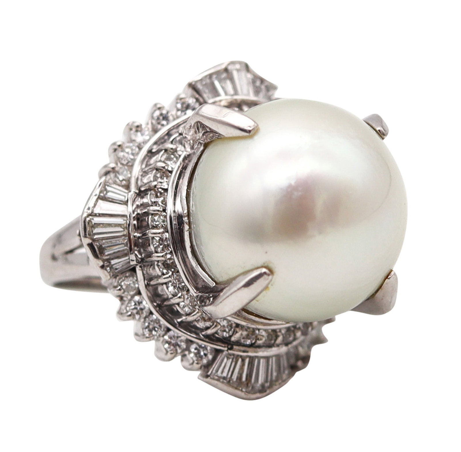 SOUTH SEAS Pearl Cocktail Ring In Platinum With 1.71 Ctw Diamonds Gia Certified: Cocktail ring with an oversized South Seas white pearl, crafted in solid .900 platinum with a high-polish classic mount and substantial presence. Centered with a GIA-certified cultured South Seas pear