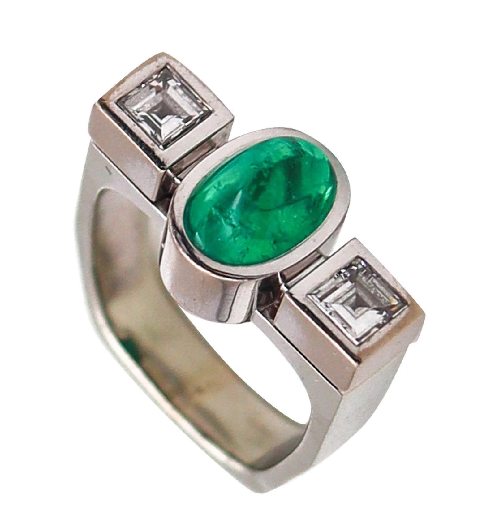 TRUDEL By Kurt Aepli Geometric Ring 18Kt Gold With 3.52 Ctw In Emerald And Diamonds: Exceptional Trudel cocktail ring, Zürich, early 1970s, designed by goldsmith Kurt Aepli (Trudel’s former creative director) with bold geometric lines that fuse Art Deco discipline with slee