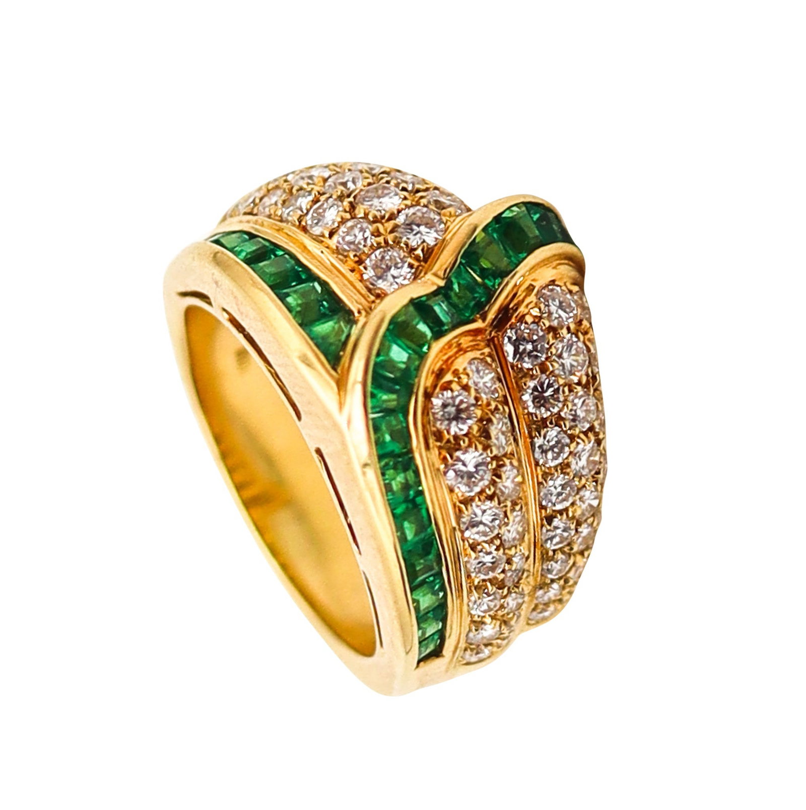 BLACK STARR & FROST Cocktail Ring 18Kt Gold With 4.45 Ctw In Diamonds & Emeralds: Beautiful colorful cocktail ring by Black, Starr & Frost, crafted in solid 18K yellow gold with a high-polish finish and impeccable workmanship. Set with 89 natural gemstones: 66 graduated round brill