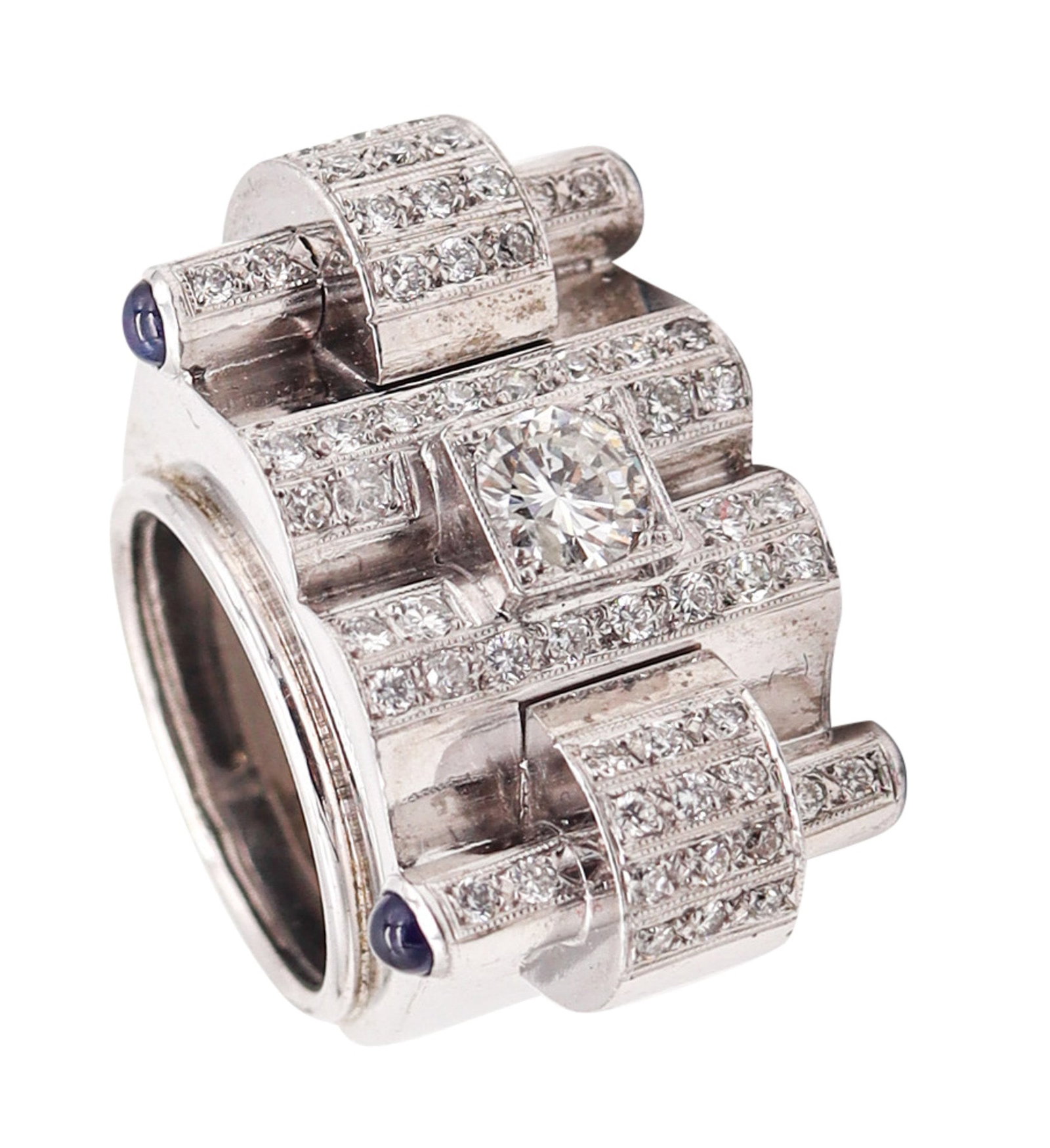 DECO RETRO 1935 Tank Cocktail Ring In 18Kt Gold With 2.54 Ctw In Diamonds Sapphires: Stunning late Art Deco/Retro geometric cocktail ring, circa 1935, impeccably crafted in solid 18K white gold with bold volumetric architecture—sharp rectilinear angles balanced by circular curve