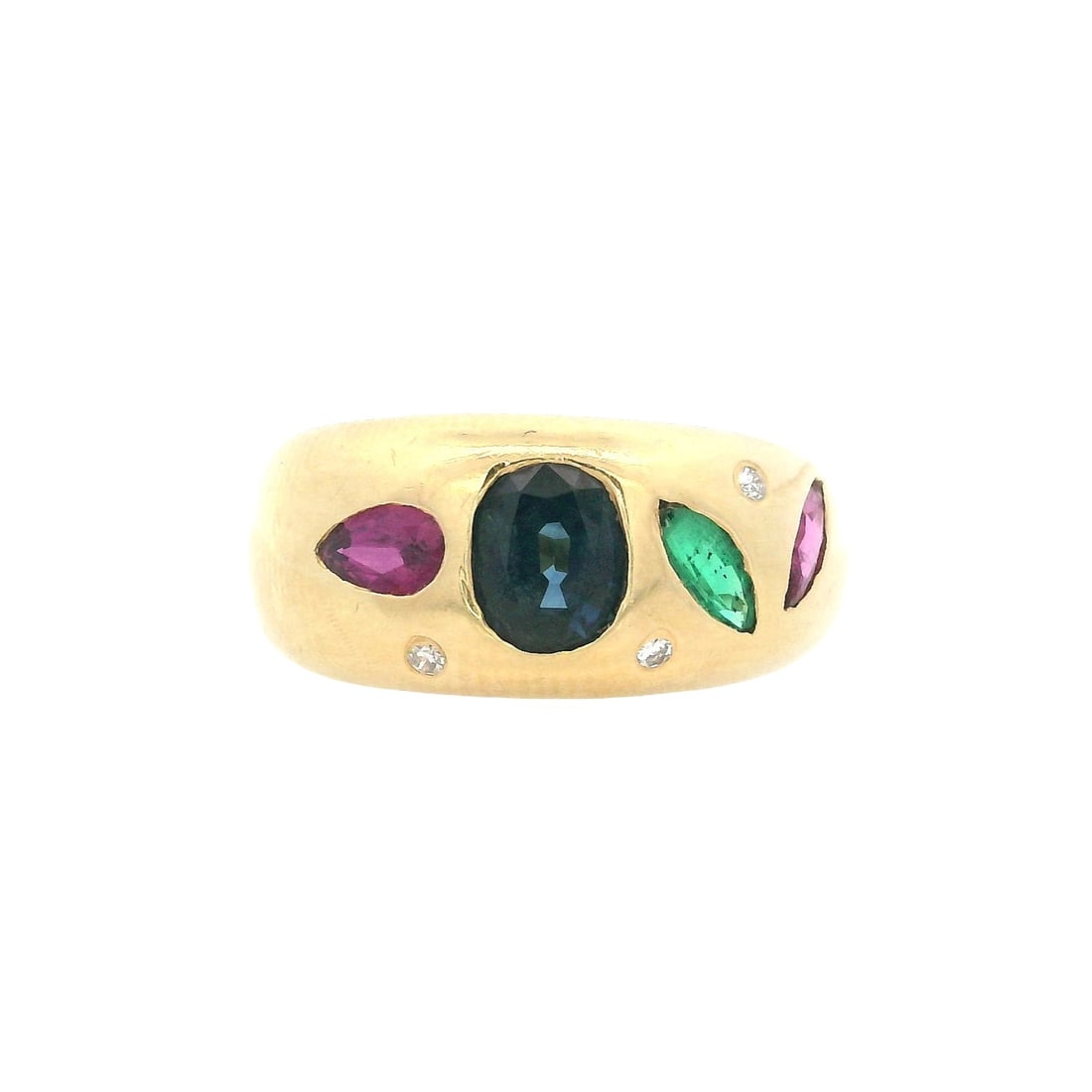 Mid-Century 18K Yellow Gold Ring with Sapphires, Rubies, Emeralds & Diamonds: Vibrant mid-century 18K yellow gold ring featuring a rich blue sapphire at center, accented with colorful ruby and emerald side stones and finished with diamond highlights for a crisp touch of sparkle