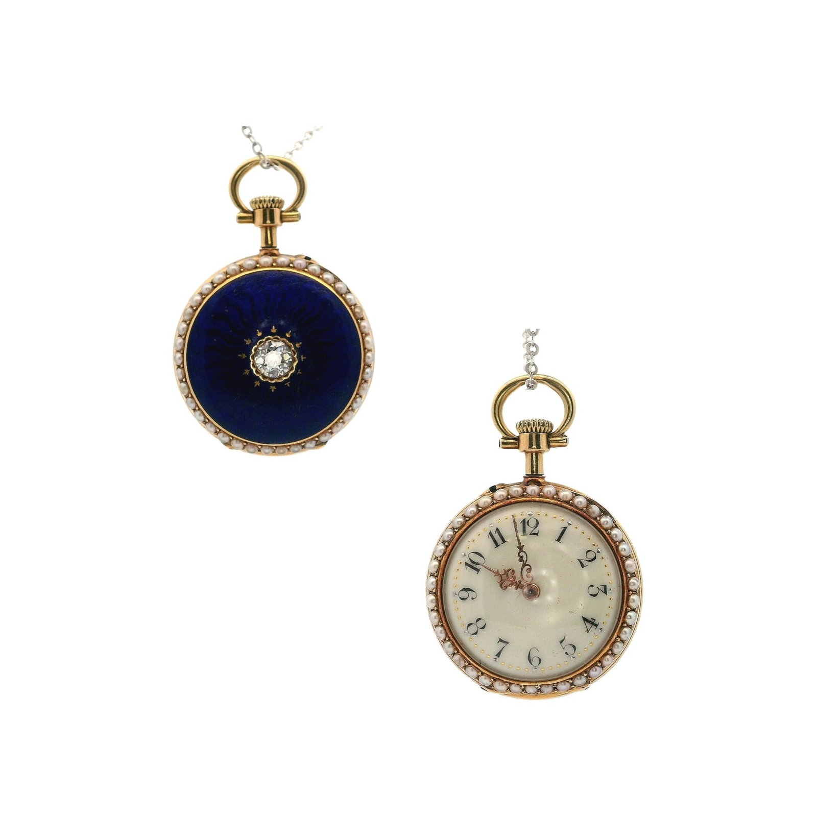 18K Yellow Gold Guilloché Enamel Pocket Watch with 0.35 CTW in Diamond & Seed Pearl (1 of 6)