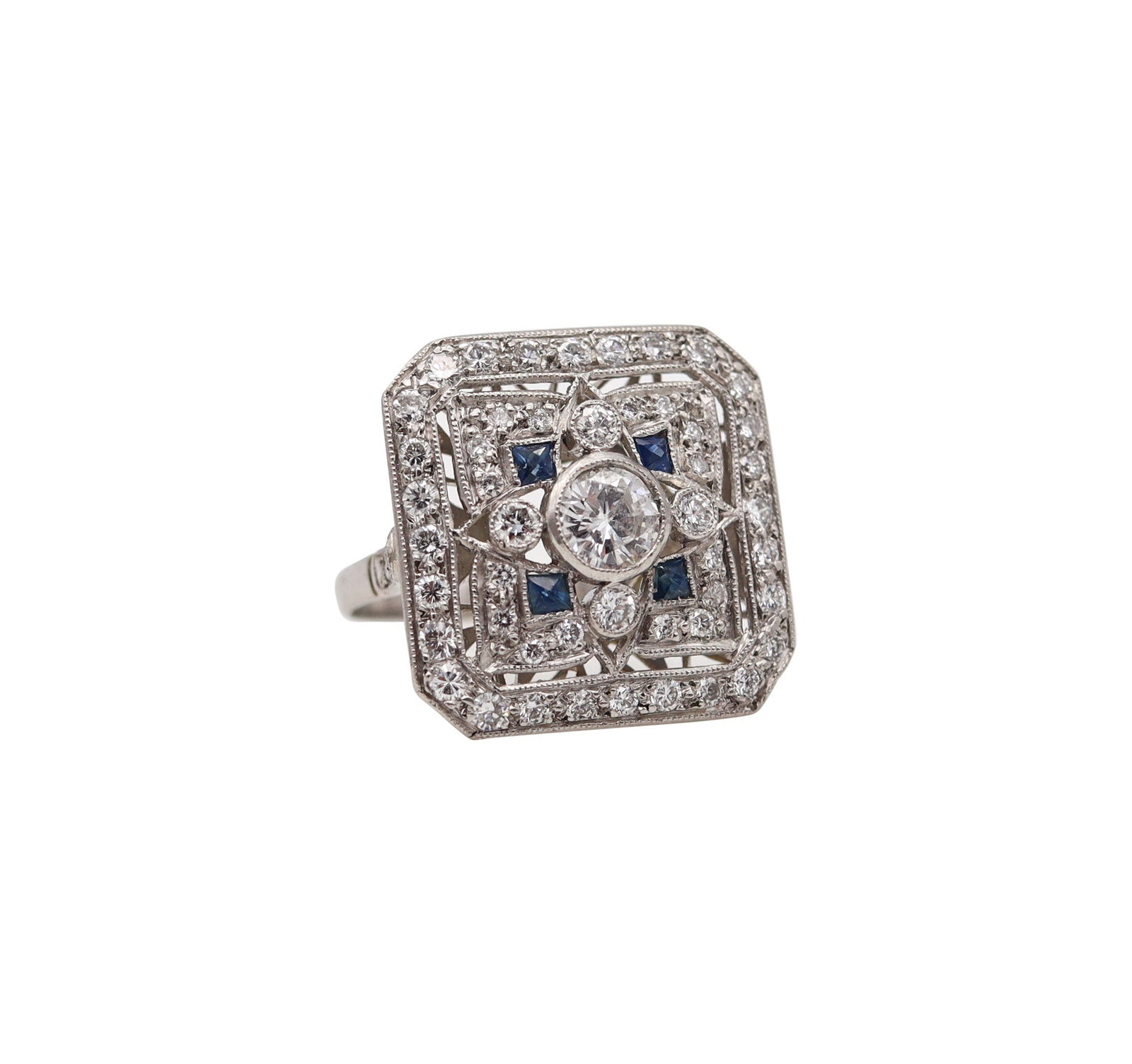 Art Deco 1935 Square Ring In Platinum With 1.89 Ctw In Diamonds And Sapphires: Elegant Art Deco cocktail ring, America, circa 1935, crafted in solid platinum with a crisp square silhouette and chamfered corners, finished throughout with fine millegrain detailing. Centered with a