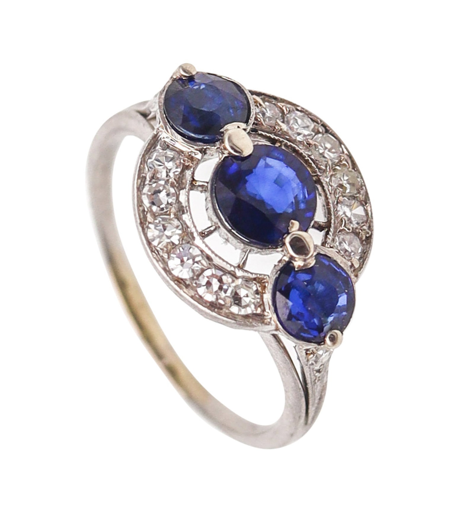 BLACK STARR & FROST 1925 Art Deco Platinum Ring With 3.55 Ctw Sapphires & Diamonds: Beautiful Art Deco ring by Black, Starr & Frost, America, circa 1925, crafted in solid .900 platinum with a high-polish finish and crisp millegrain detailing. Set with 17 natural gemstones: 14 pav