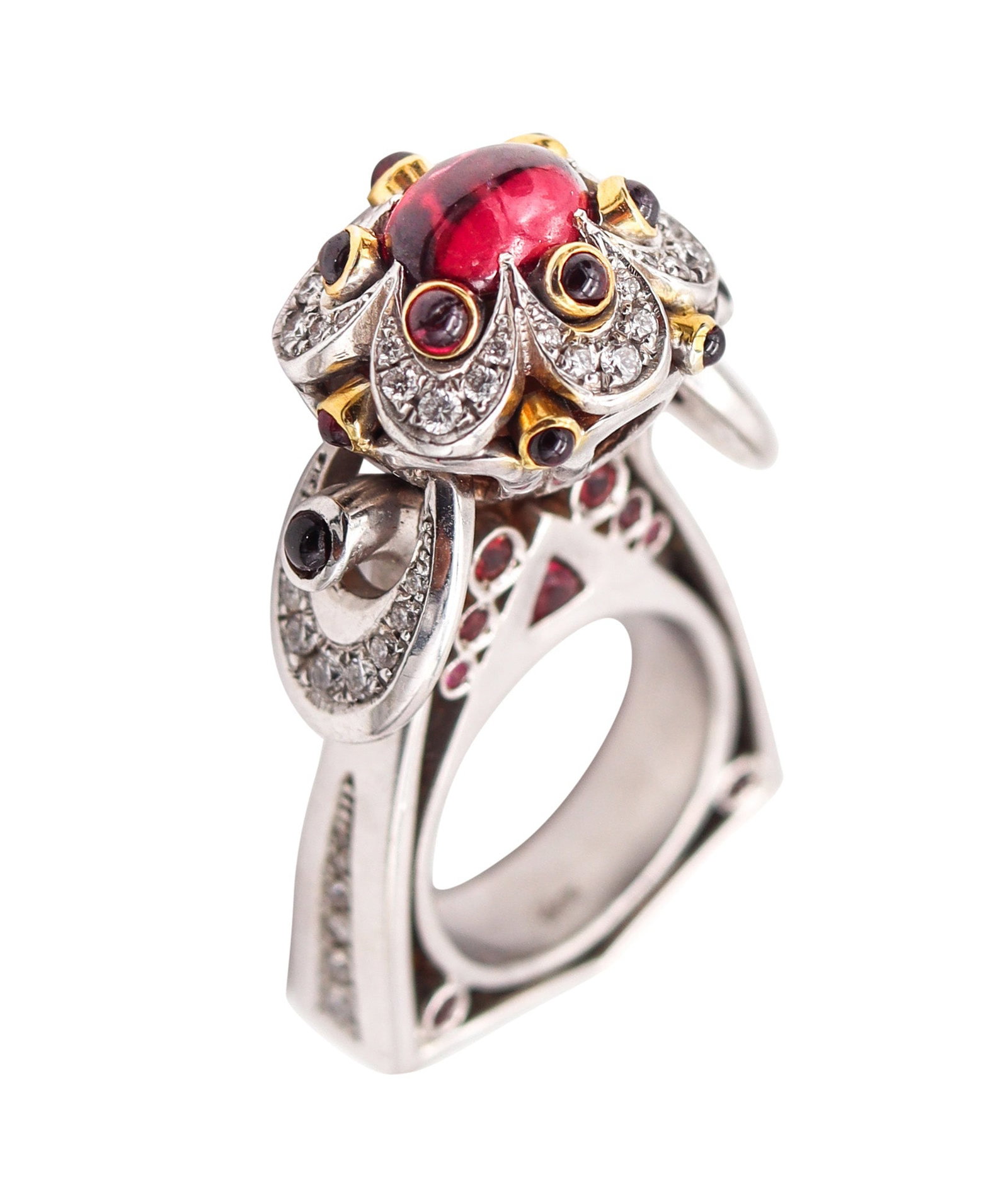 ALEKSANDER CHULYAKOV Geometric Cocktail Ring In 18Kt Gold With Gemstones: Contemporary statement ring by Aleksander “Chuly” Chulyakov (Rockford Collection/3DM Jewelry Design Studio), crafted in solid 18K gold with a bold, sculptural profile. Centered with an ova