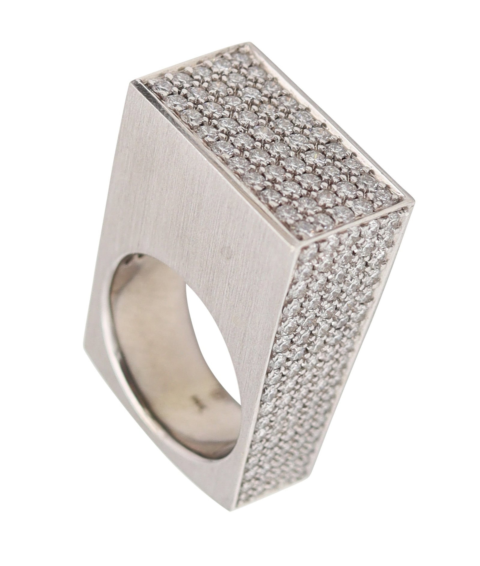 HENRICH & DENZEL Geometric Ring In 14Kt White Gold With 3.96 Cwt Diamonds: Contemporary Henrich & Denzel statement ring (Swiss/German), founded 1984 and celebrated for Bauhaus-influenced modernism and exceptional manufacturing. Crafted in solid 14K gold (.585) and set with 2