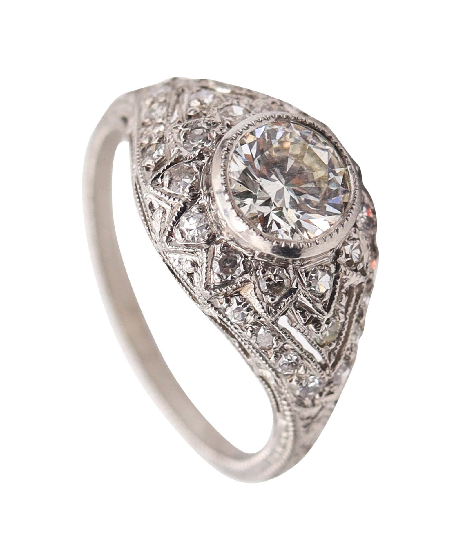 LAMBERT BROTHERS 1925 Art Deco Ring In Platinum With European Cut Diamonds: Antique Art Deco ring by The Lambert Brothers Co., America, circa 1925–1930, crafted in solid platinum/iridium (.900 Pt) with crisp incised engraving and iconic dotted millegrain throughout. Cen