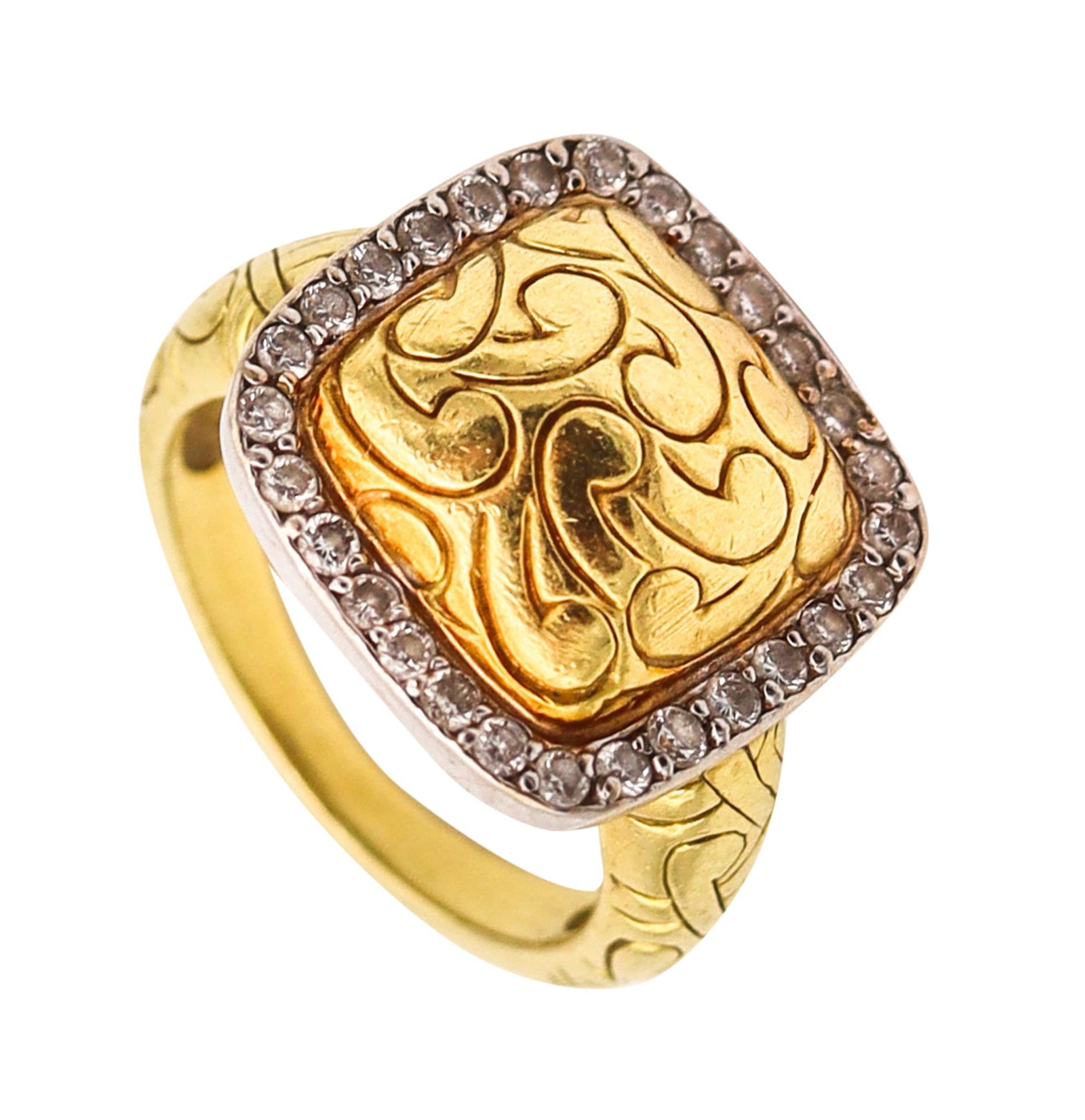 CARLO VIANI Sculptural ring In 18Kt Yellow Gold With Round Diamonds: Contemporary sculptural signet-style ring by Carlo Viani, crafted in solid 18K yellow gold with a high-polish finish and organic engraved motifs. Framed in white gold and set with 28 round brilliant d