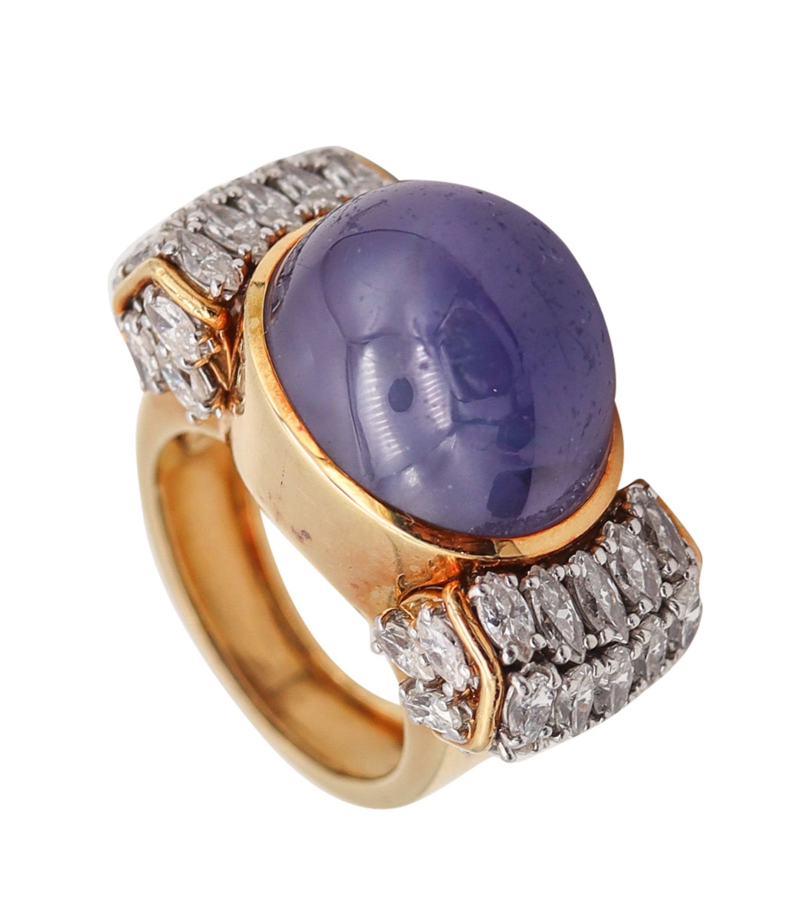 DAVID WEBB Cocktail Ring In 18kt Platinum And 40.44 Cts In Sapphire & Diamonds: Outstanding David Webb cocktail ring, New York, circa 1975, designed with bold geometric presence and crafted in solid 18K yellow gold with platinum diamond settings. Centered with an impressive oval 
