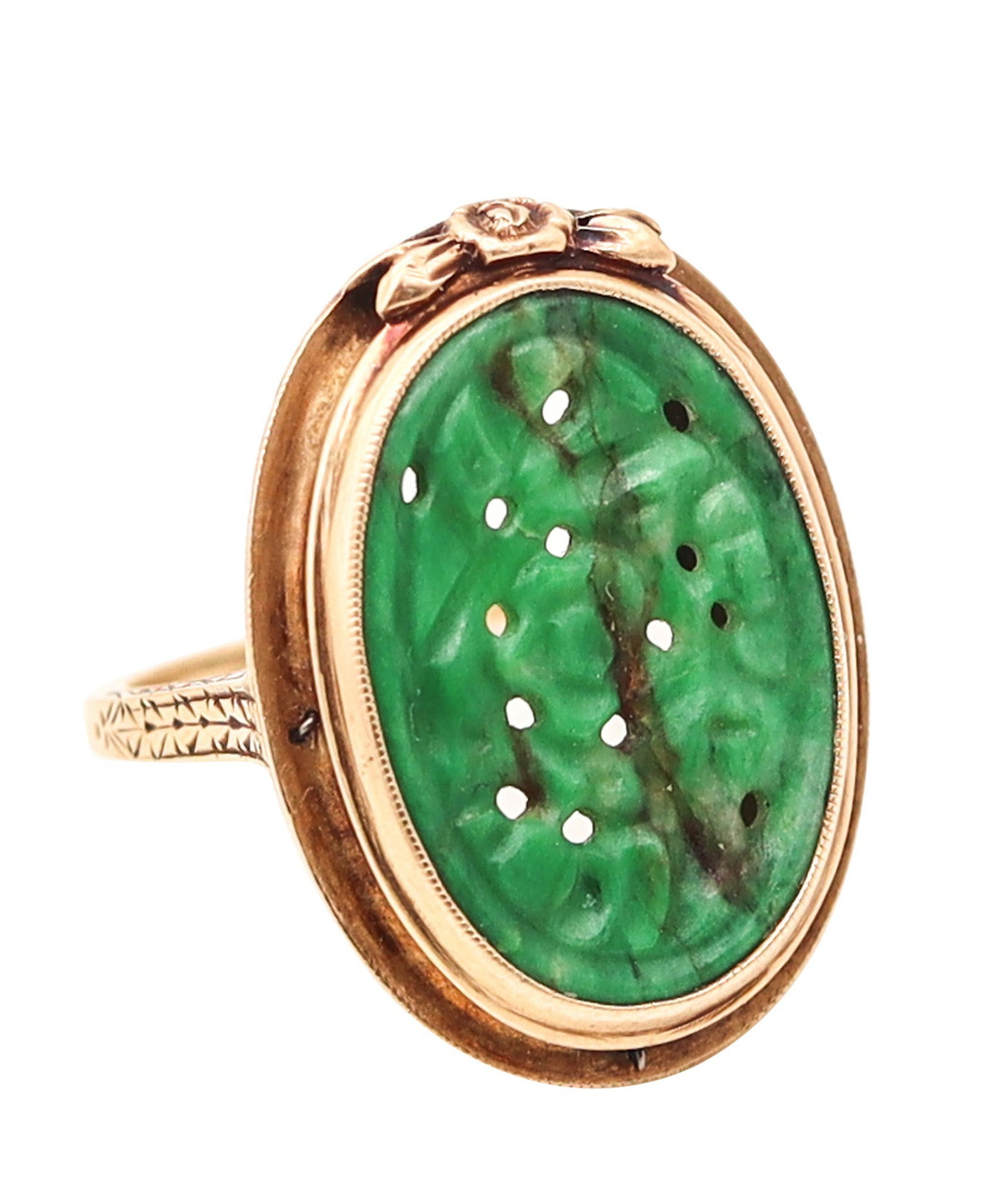 ART DECO 1925 Chinoiserie Oval Ring In 14Kt Yellow Gold With Carved Jade: Art Deco ring by F&F Felger Inc. (Newark, NJ; established 1911), a respected American manufacturer known for supplying major retailers and producing collectible designs. Crafted in solid 14K yellow go