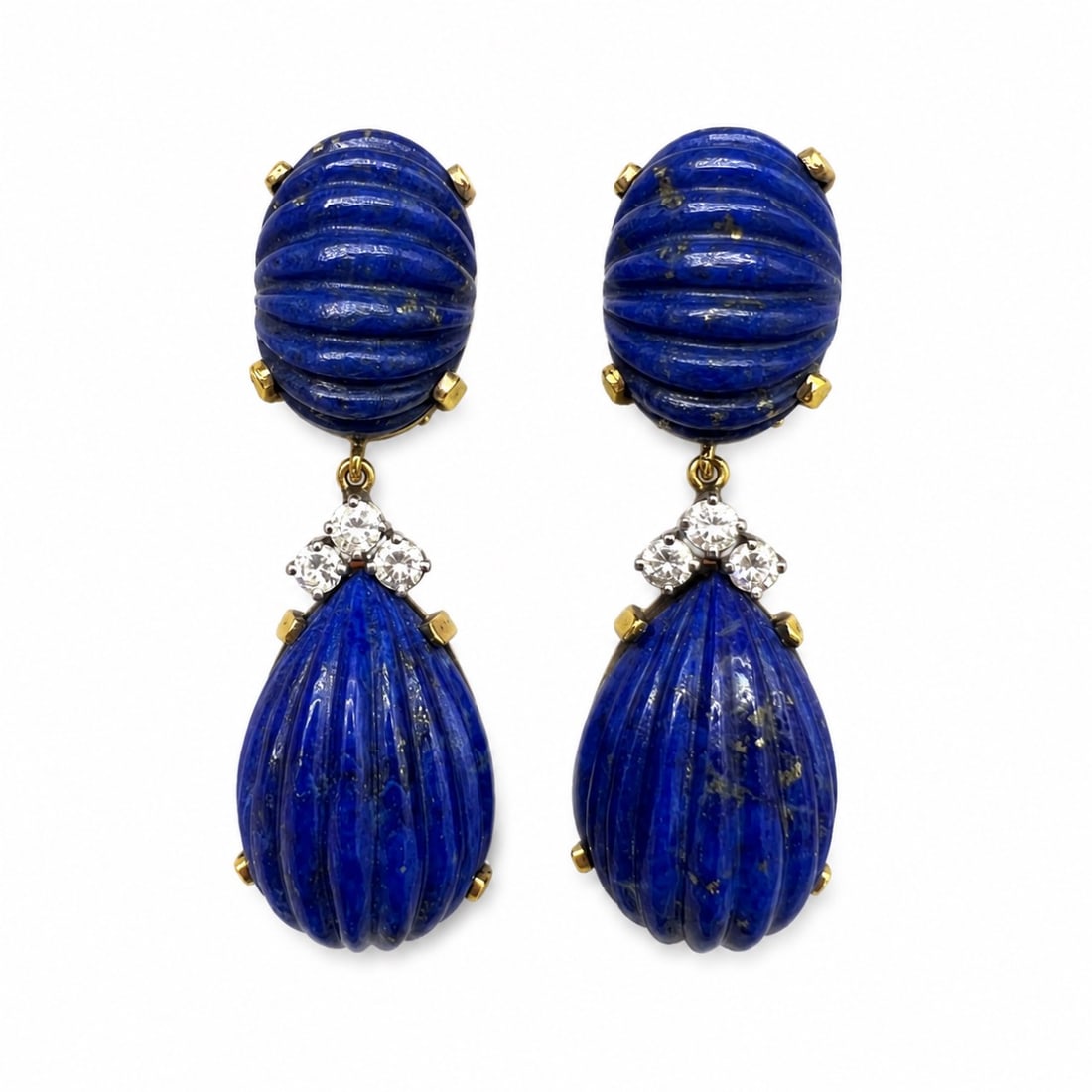 CELLINO 18K Yellow Gold Lapis Lazuli & Diamond Earrings: Bold CELLINO drop earrings crafted in 18K yellow gold, featuring richly colored carved lapis lazuli elements in a dramatic double-drop design. Each earring is set with two lapis pieces—an oval r