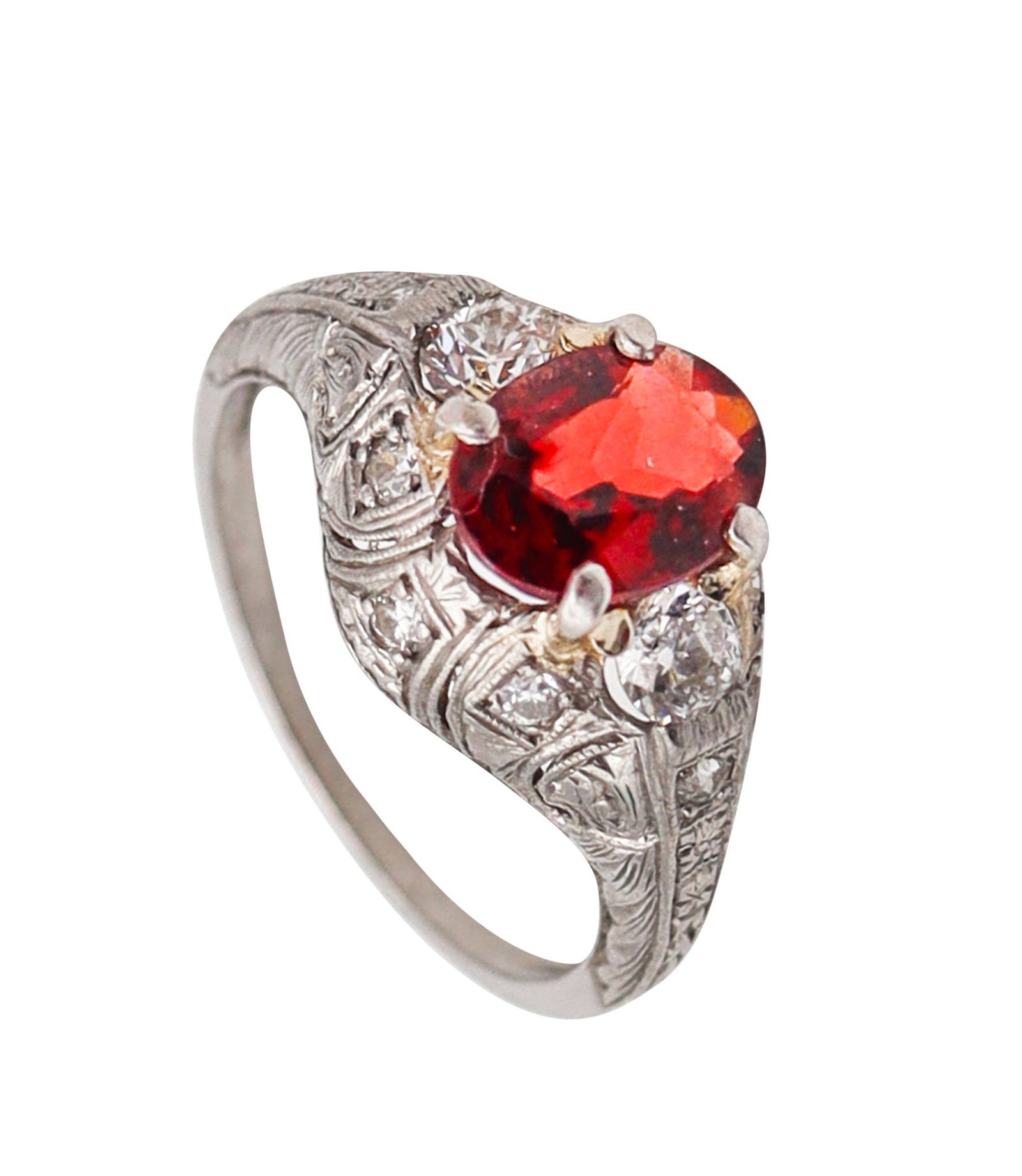 ART DECO 1925 Ring In .900 Platinum With 1.22 Cts In Diamonds And Red Garnet: Elegant American Art Deco ring, circa 1925, crafted in solid .900 platinum with crisp millegrain detailing throughout. Set with 11 natural gemstones: a four-prong oval faceted red garnet approx. 1.03 