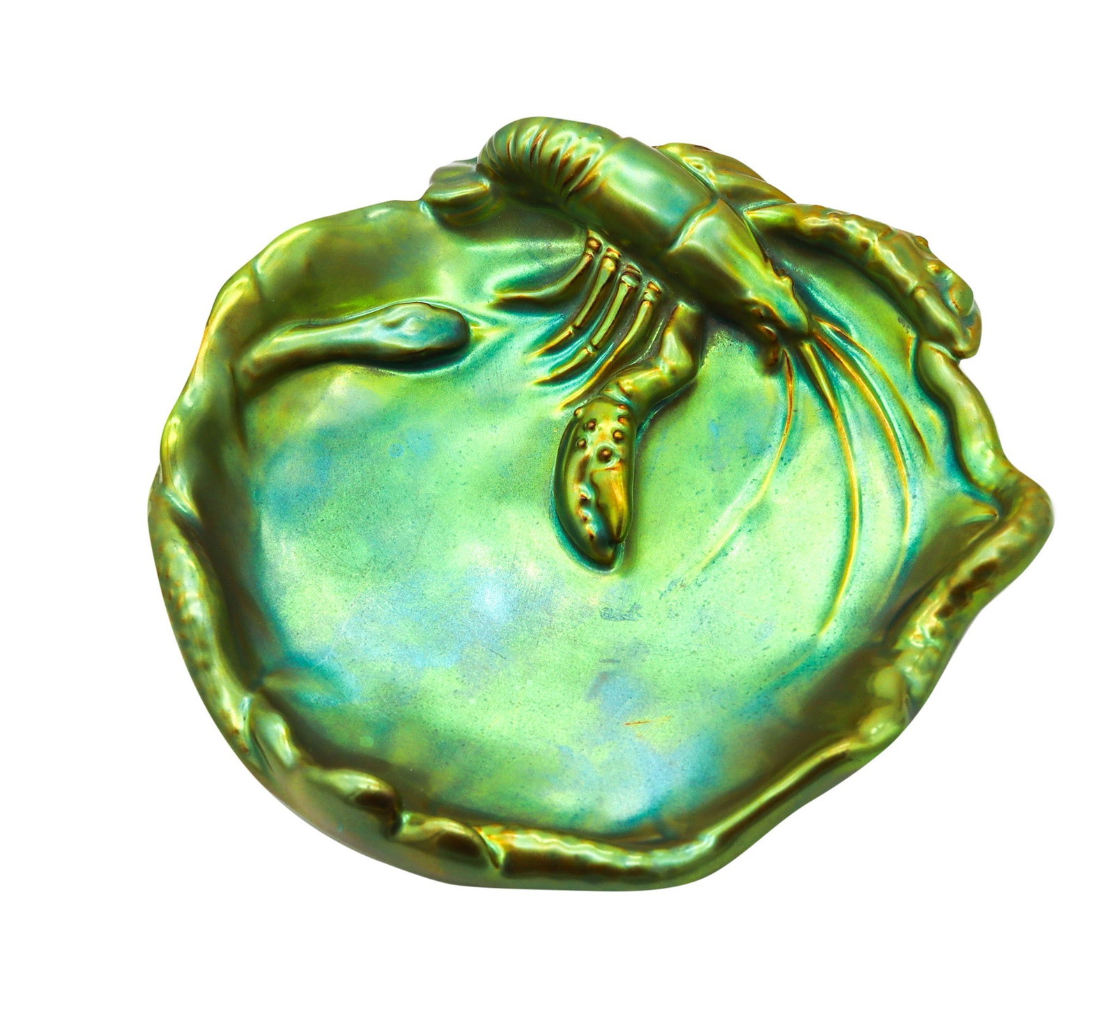 ZSOLNAY 1915 Hungary Nouveau Dish Lobster & Snake Eosin Iridescent Green Glazed: Antique Zsolnay Pécs Art Nouveau decorative plate, Hungary, earliest version circa 1915, featuring sculptural relief with a lobster and a snake framed by flowing organic borders. Hand-crafted fir
