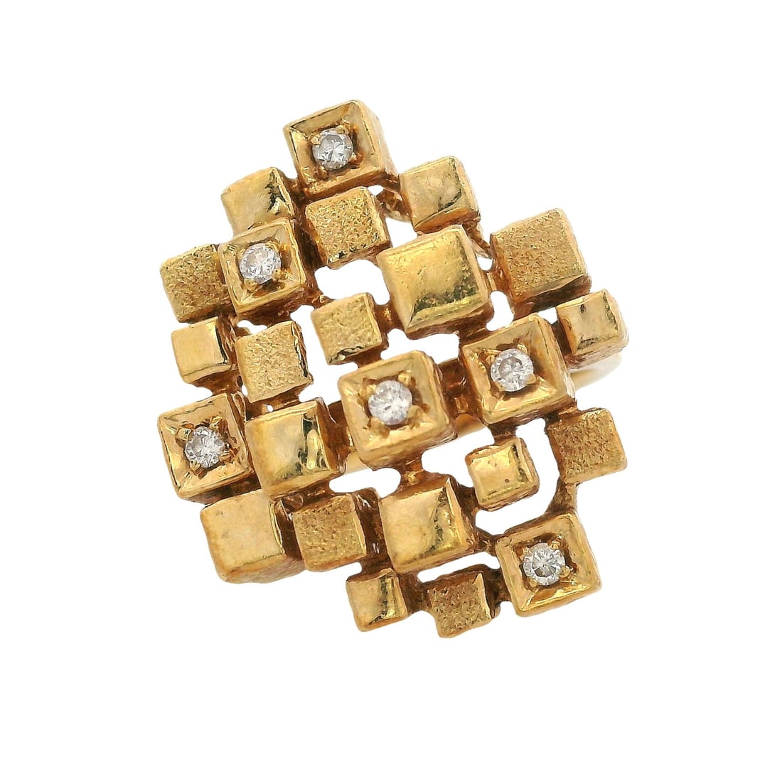Mid-Century 18K Yellow Gold Cube Ring with 0.15 CTW in Diamonds: Bold mid-century Brutalist 18K yellow gold ring crafted in a striking cube-style design with a mix of textured and polished geometric forms, accented with diamonds totaling approximately 0.15 CTW, gra