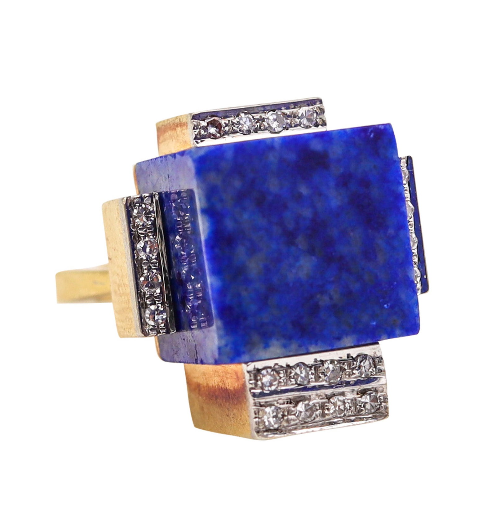 ROGER LUCAS 1970 Cubism Geometric Ring In 18Kt Gold With Lapis & Diamonds: Rare sculptural Cubist cocktail ring attributed to Canadian designer Roger Lucas, circa 1970s, crafted in solid 18K yellow gold with white-gold accents for the diamond settings. Centered with an overs