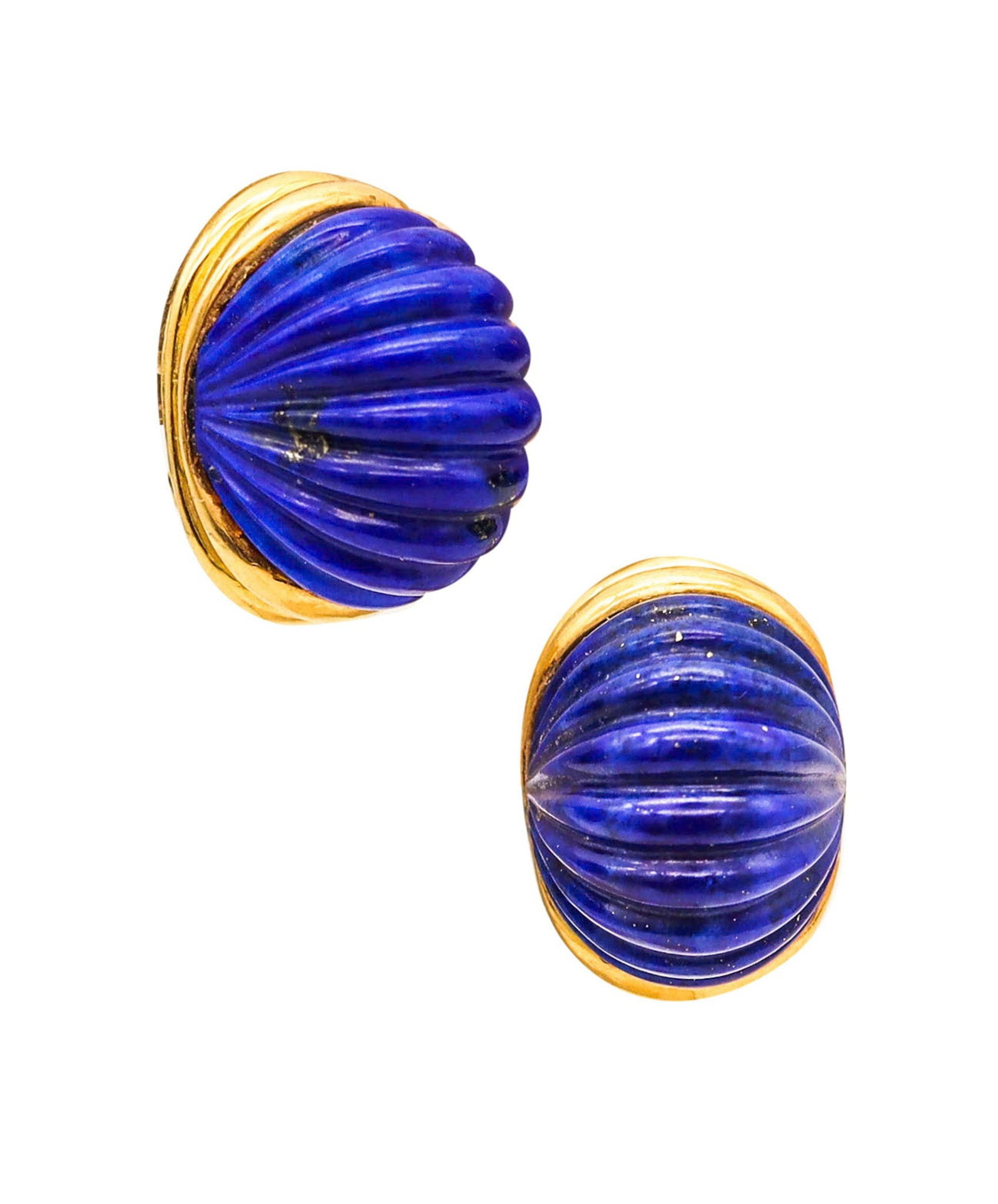 MODERNIST 1970 Italian Fluted Clips-On Earrings In 18Kt Gold With Lapis Lazuli (1 of 8)