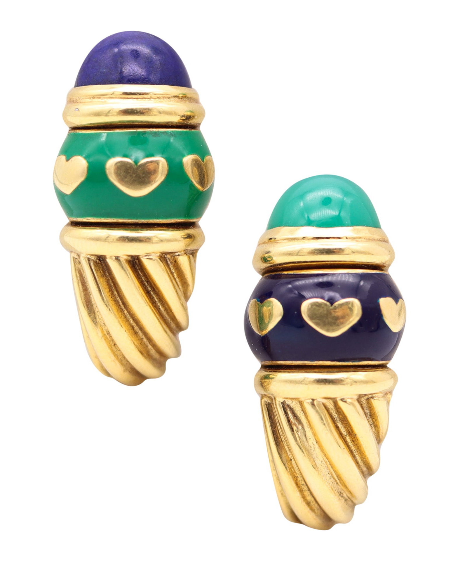 FRED PARIS Vintage Day-Night Clips On Earrings In 18Kt Gold, Lapis & Chrysoprase: Colorful day‑to‑night clip-on earrings by Fred Joaillier, Paris, circa 1980s, crafted in solid 18K yellow gold with high-polish twisted motifs and vivid green/blue hard enamel accents. Eac