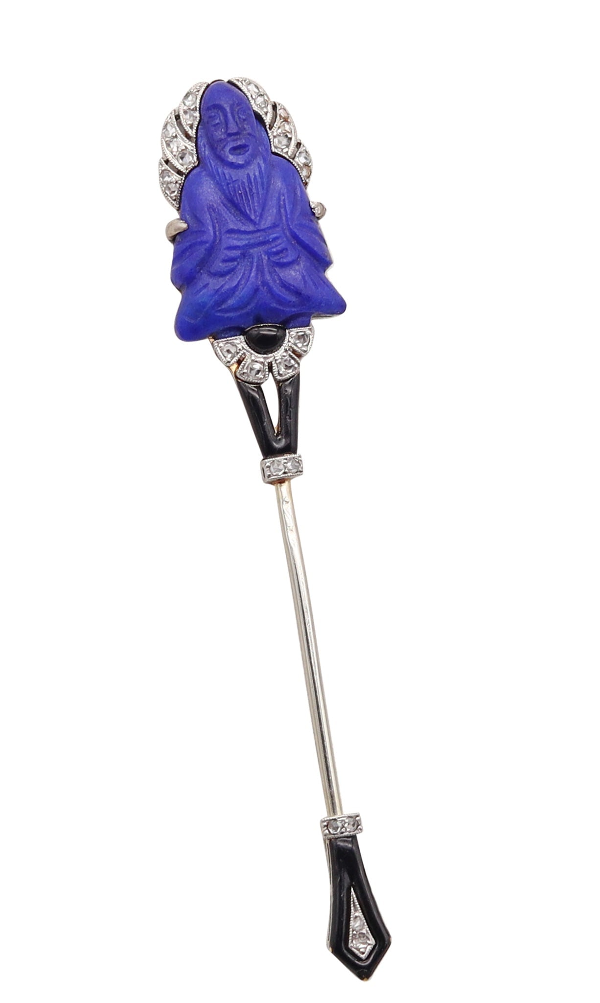 LACLOCHE 1920 Paris Art Deco Enameled Jabot Platinum Diamonds & Lapis Buddha: Impressive Orientalist Art Deco jabot, Paris, circa 1920, attributed to Lacloche Frères, crafted in platinum (.850) and 18K white gold with black hard enamel accents. Topped with a seated Buddha 