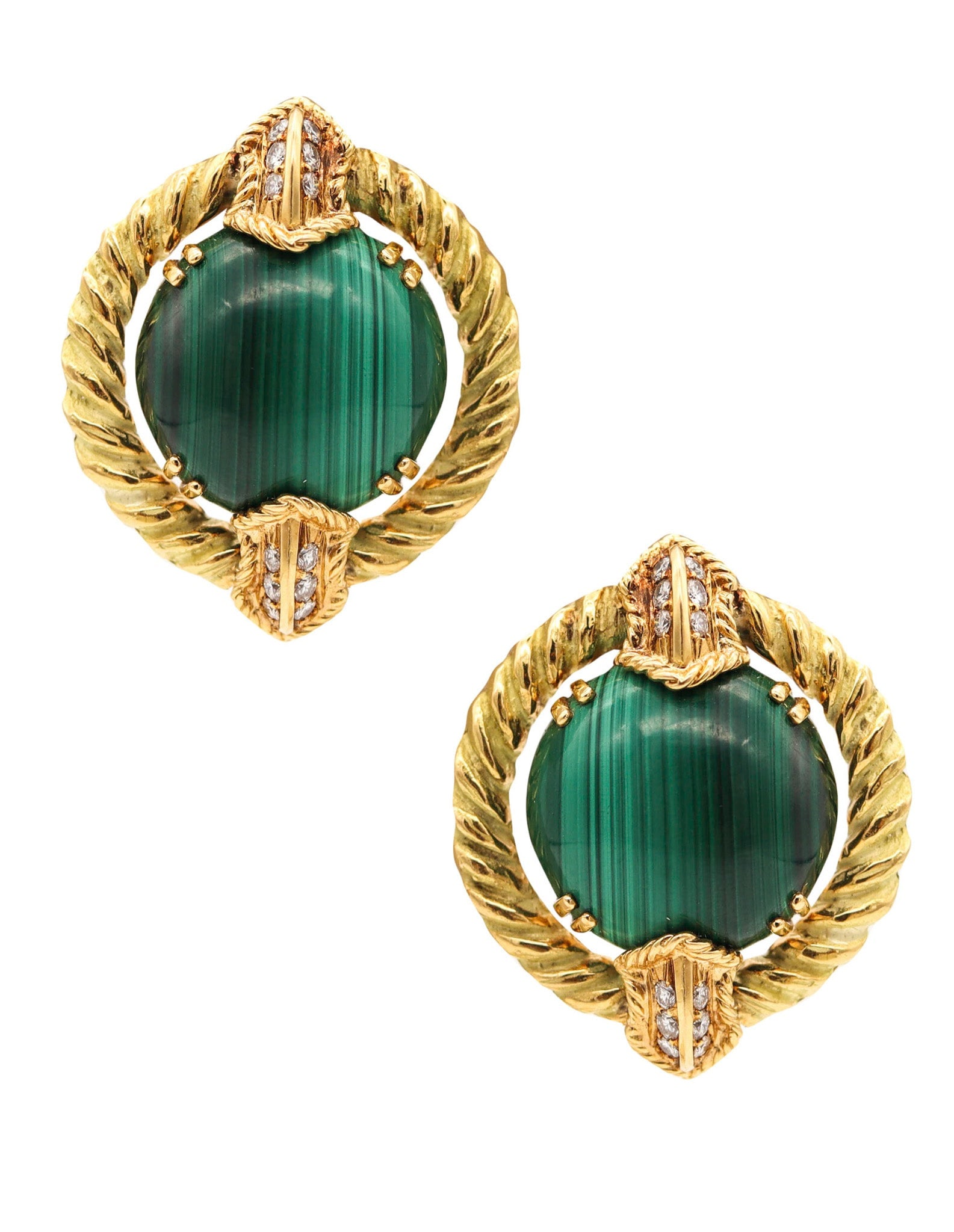 CHAUMET 1970 Paris Clips-On Earrings In 18Kt With 24.96 Cts In Diamonds & Malachite: Fabulous Chaumet statement clip-on earrings, Paris, circa 1970, crafted in solid 18K yellow gold with bold twisted elements and richly textured finishes. Each earring centers a round cabochon vivid gr
