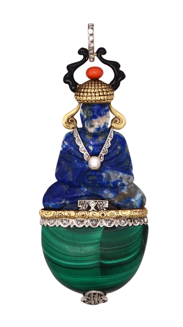 Sasportas 1925 Paris Art Deco Buddha Pendant In 18Kt With Diamonds Lapis And Malachite: Features a seated meditating Buddha carved from a single piece of natural blue lapis lazuli, wearing a miniature diamond necklace with a natural white pearl (5mm), and set throughout with 68 old Europ