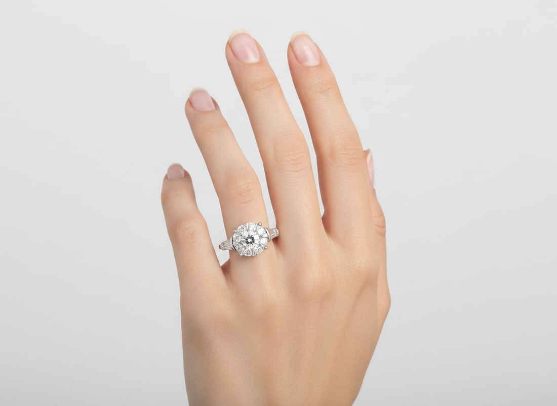 Platinum Ring with 1.15 CTW in Diamonds: Rosetta-style platinum ring featuring a round diamond cluster framed by a halo of round brilliant-cut diamonds, accented with tapered baguette diamonds at the shoulders for a crisp, architectural fini
