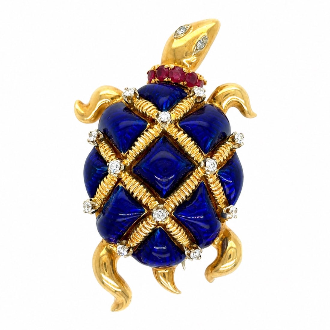 1960s 18K Yellow Gold Enameled Turtle Brooch with Burma Ruby & Diamond (1 of 4)
