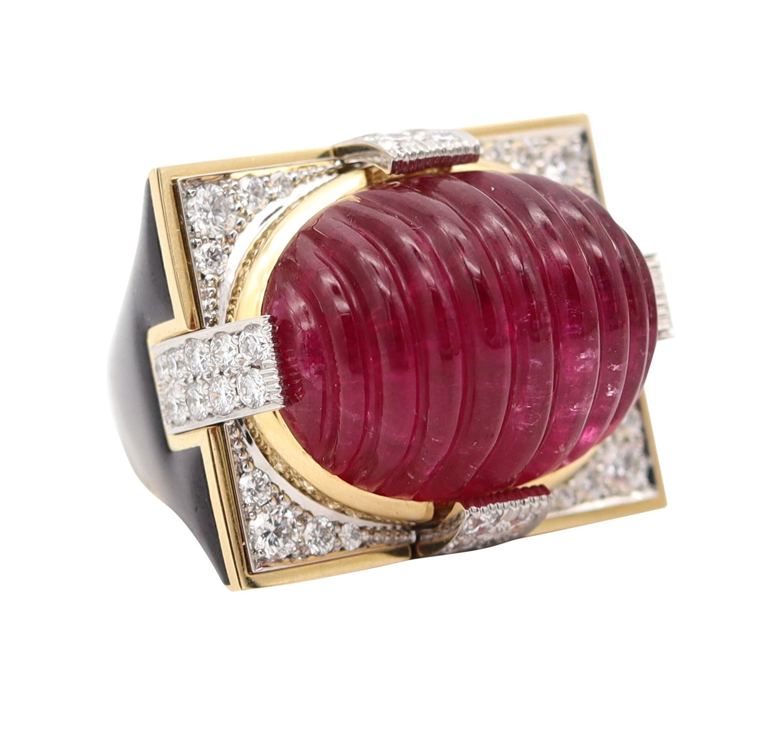 DAVID WEBB Black Enameled Cocktail Ring In 18Kt Gold With Rubellite & Diamonds: Modernist David Webb statement ring, New York, circa 1980, crafted in 18K yellow gold and .950 platinum with black enamel accents. Centered with a dramatic fluted oval cabochon rubellite tourmaline in