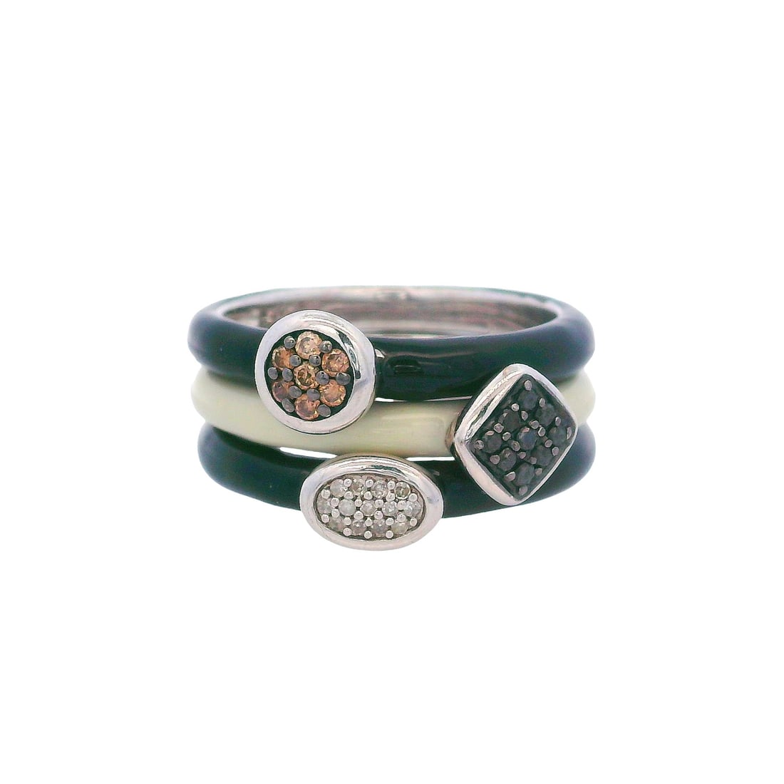 Sterling Silver Enamel Ring Set with Champagne, Black & White Diamonds: Stylish set of three stackable rings crafted in sterling silver (925), featuring sleek black and white enamel bands and accented with diamond details in a mix of black, champagne, and white stones for