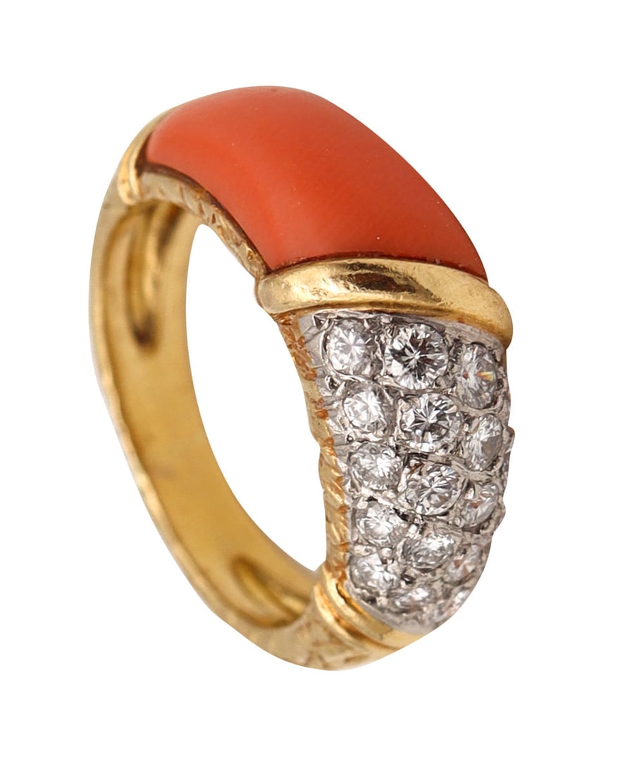 Van Cleef And Arpels 1975 Gem Set Coral Band In 18Kt Yellow Gold With VVS Diamonds: Vintage Van Cleef & Arpels band ring, Paris, model first produced October 1951 (copyrighted), crafted in solid 18K yellow gold with a high-polish finish. Set with a fancy cabochon natural salmon coral