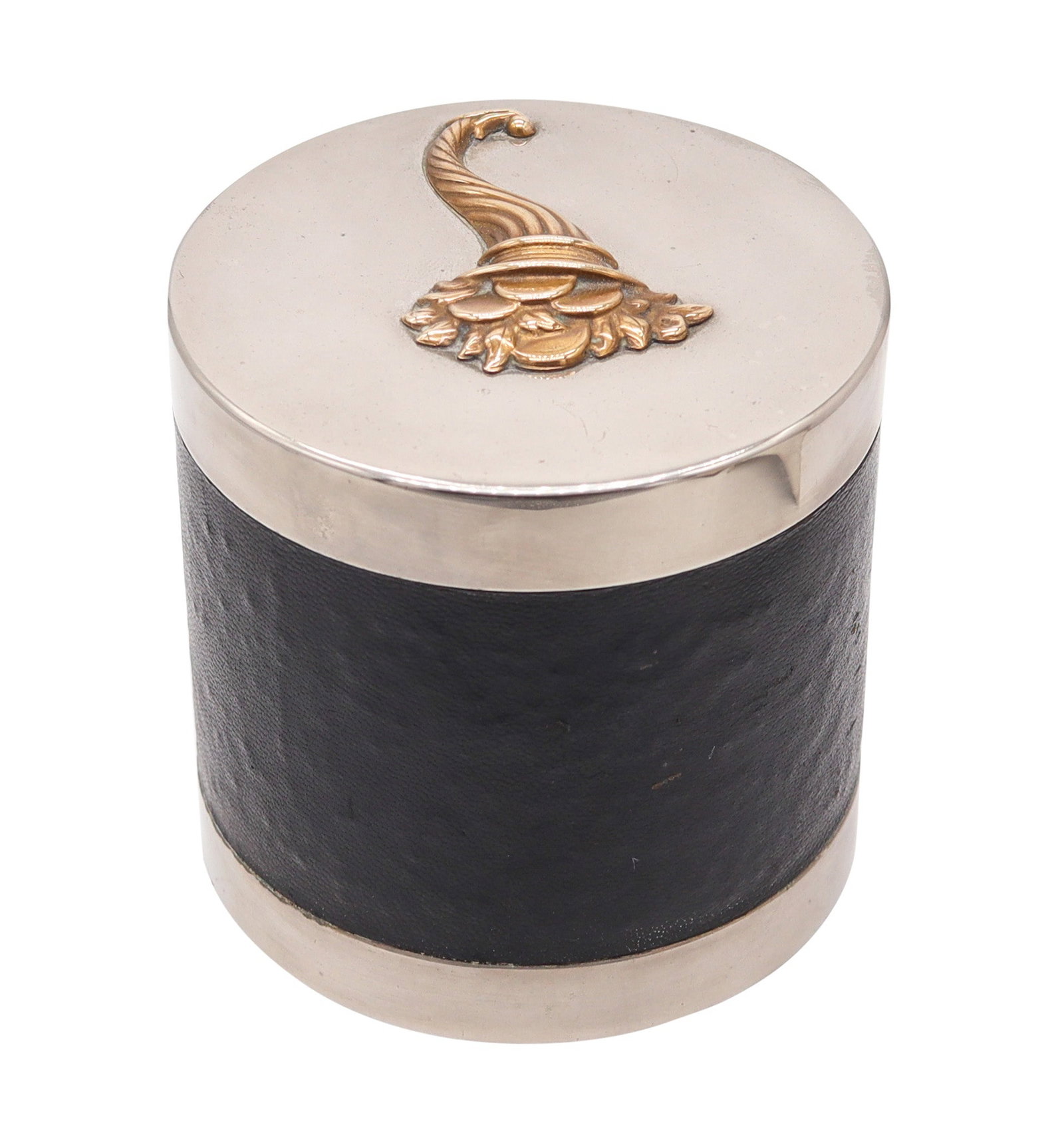 HERMES PARIS 1940 Desk Round Box In Gilt Bronze Nickel Plated & Leather: Rare Hermès Paris Art Deco round desk box, made in Paris circa 1935–1940 by Ravinet d’Enfert, with a sleek lidded form wrapped in rich brown leather and finished with a gilt cornucopi