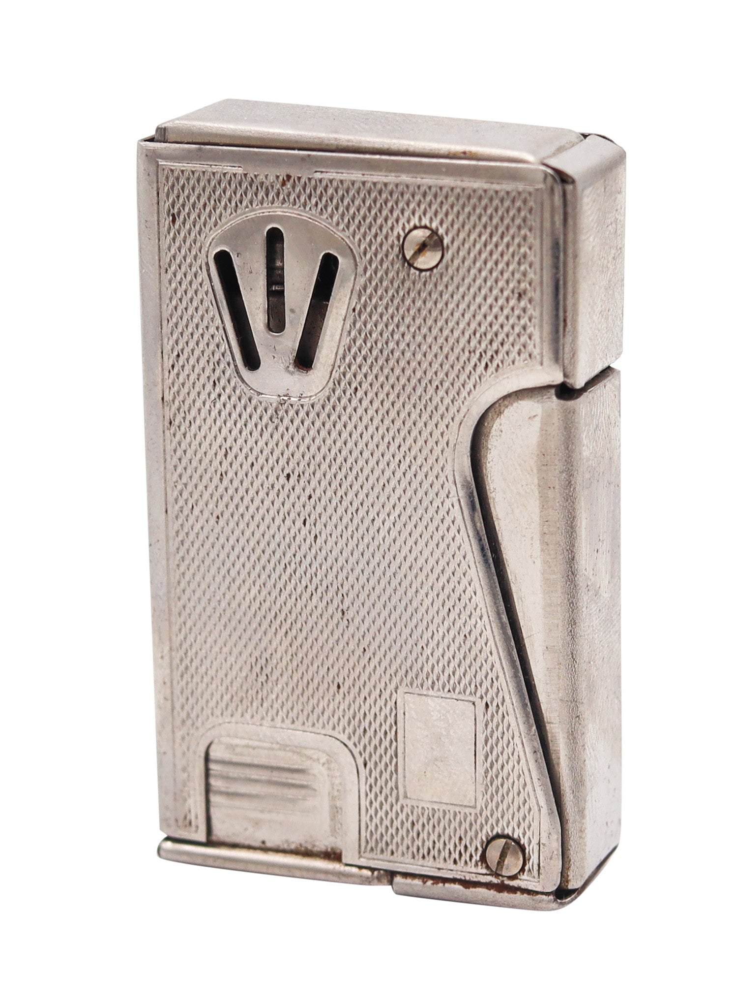 BRUDER EISERT Austria 1950 Superior Semi Automatic Squeeze Lighter In Chromed Steel: Original post-war Brüder Eisert “Superior” pocket petrol lighter, made in Vienna, Austria circa 1949–1950, in rectangular chromed steel with crisp engine-turned decoration. Feat