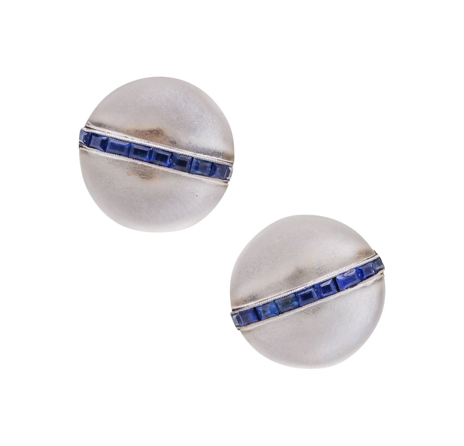 FRENCH 1925 Art Deco Rock Quartz Studs Earrings In 18Kt Gold With Sapphires: Beautiful Art Deco stud earrings, France, circa 1925, crafted in solid 18K white gold as round millegrain-set clusters. Set with 20 natural gemstones: 18 French emerald-cut blue sapphires in millegrai