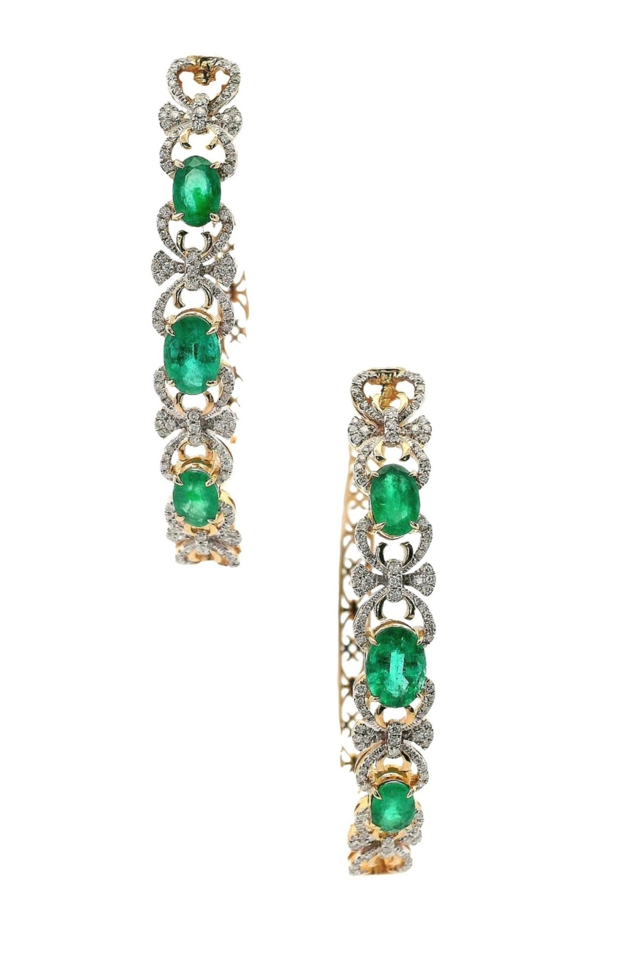 14K Yellow Gold Hoop Earrings with 4.65 CTW in Emeralds & Diamonds: Bold 14K yellow gold hoop earrings set with vivid oval emeralds totaling approximately 3.50 carats, framed by diamond-accented links and pavé details totaling approximately 1.15 carats for bright