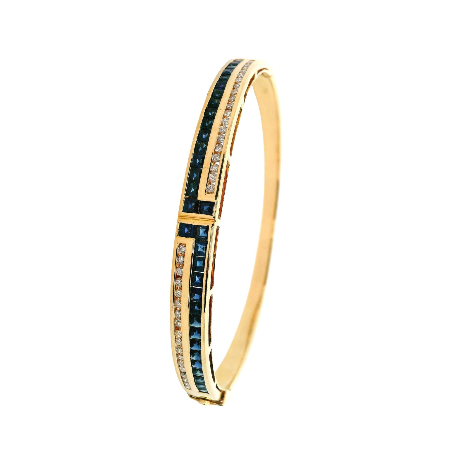 18K Yellow Gold Bangle Bracelet with 2.60 CTW in Sapphires & Diamonds: Elegant 18K yellow gold bangle bracelet featuring a sleek inlay of princess-cut blue sapphires totaling approximately 2.20 carats, accented by a line of round diamonds totaling approximately 0.40 cara