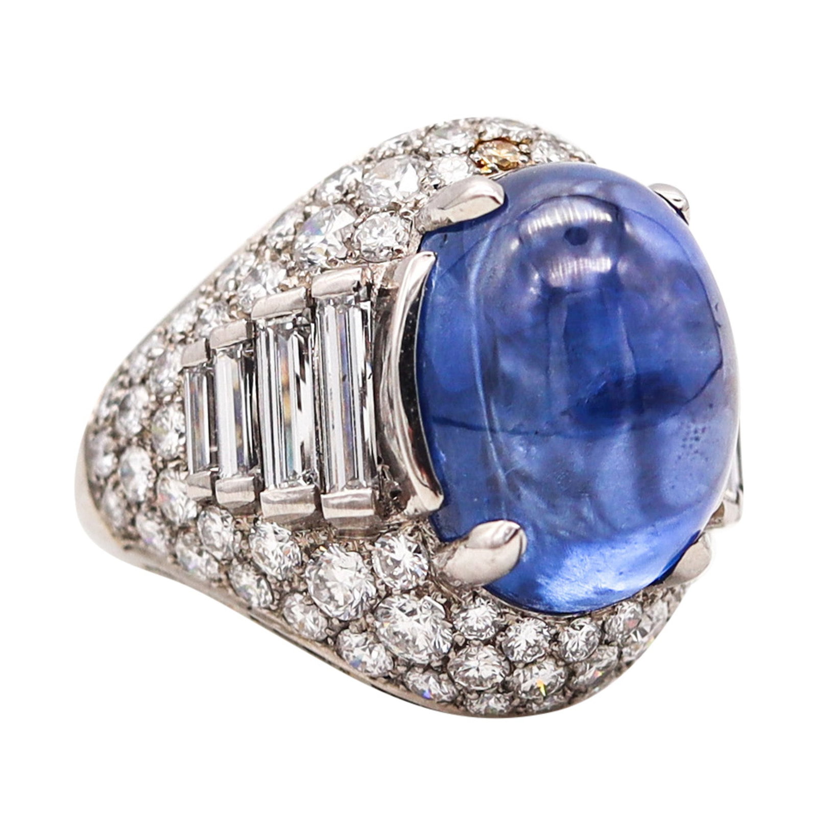 BVLGARI Trombino Cocktail Ring In Platinum With 21.88 Ctw In Diamonds & Sapphire: Extraordinary Bvlgari “Trombino” cocktail ring, Milan, crafted in solid .950 platinum with a high-polish finish and iconic collection‑privée presence. Centered with a four-prong