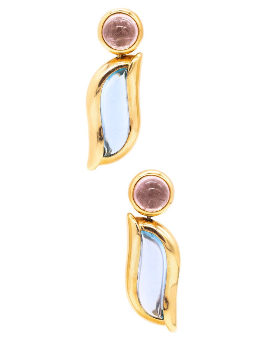 SeidenGang Long Earrings In 18Kt Yellow Gold With 28.18 cts Aquamarine & Pink Tourmaline: Modern long SeidenGang earrings, crafted in solid 18K yellow gold with a high-polish finish. Designed as articulated two-part drops joined by an invisible movable hinge, bezel set with four Brazilian 