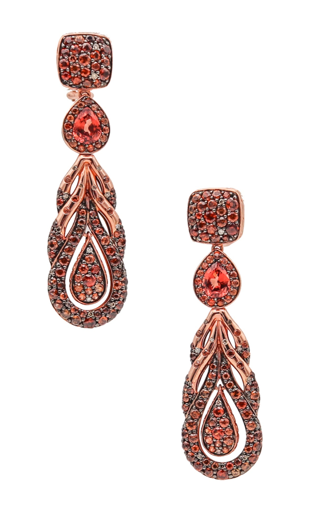 John Hardy Cinta Dangle Earrings In 18Kt Gold With Spinel Zircon And Diamonds: Very rare John Hardy Cinta Collection dangle-drop earrings, 2017, crafted in solid 18K pink gold with a high-polish finish. Set with 219 natural gemstones totaling 6.85 ctw: 21 inlaid round brilliant 