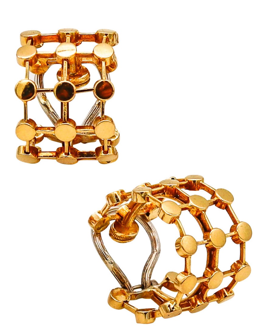 Tiffany & Co. France 1980 Paloma Picasso Geometric Hoop Earrings in 18Kt Yellow Gold: Very rare Paloma Picasso hoop earrings for Tiffany & Co., Paris, circa 1980s, believed to be prototype examples. Crafted in solid 18K yellow gold with a high-polish finish, fitted with comfortable Fre