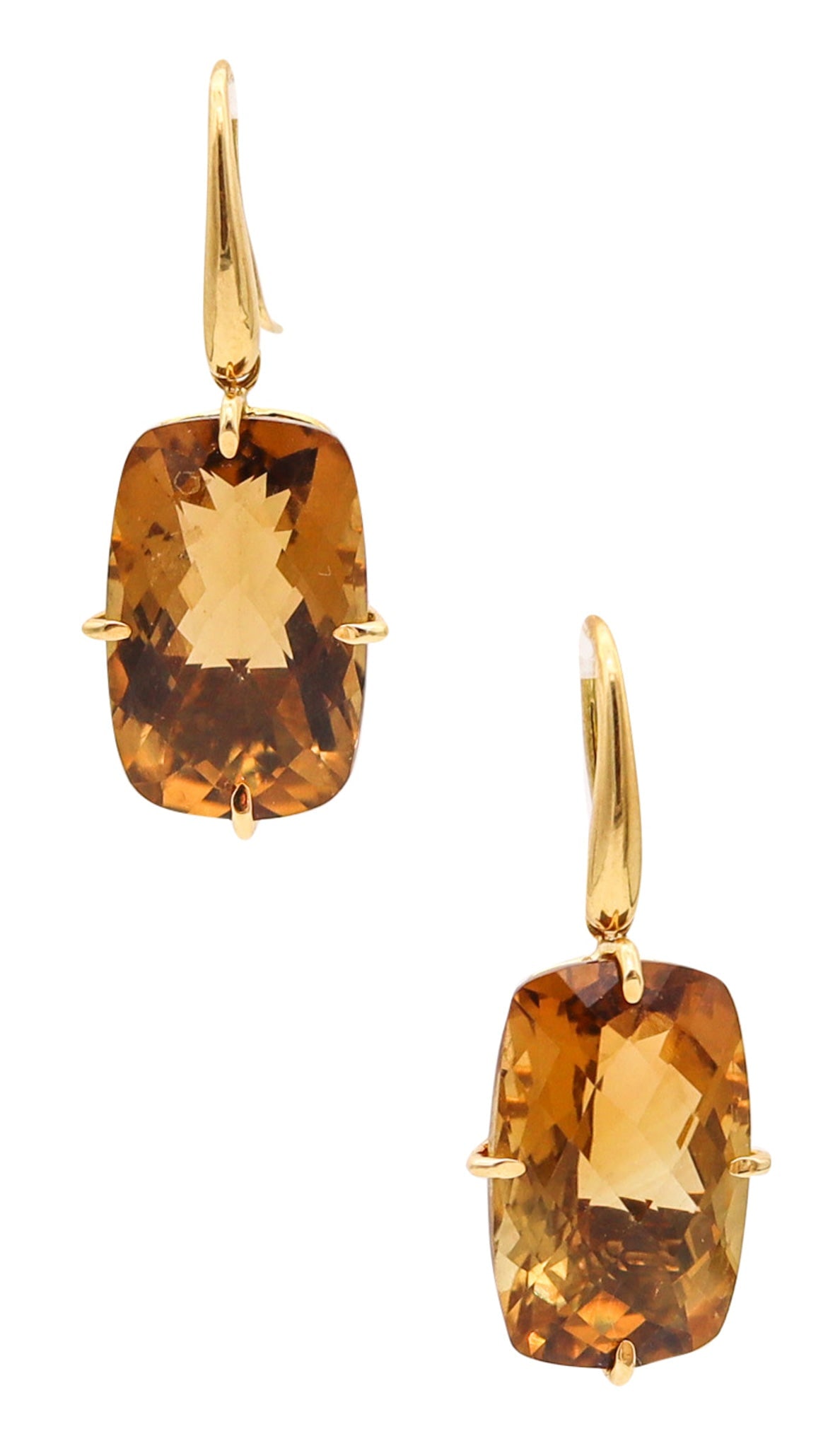 ROBERTO COIN Modern Dangle Earrings 18Kt Gold With 47.98 Ctw Smokey Quartzes: Modern Roberto Coin dangle drop earrings, Vicenza, Italy, circa 2000, crafted in solid 18K yellow gold with a high-polish finish and exceptional workmanship. Set with two matching natural translucent 