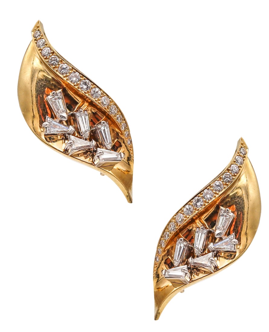 GUILLEMIN & SOULAINE Paris Convertible Earrings In 18Kt Gold Platinum And Diamonds: Highly collectible convertible clip-on earrings by Guillemin & Soulaine (Ste. G et S), Paris, circa 1970s, crafted in solid 18K yellow gold with platinum accents for the diamond settings. Set with 40 