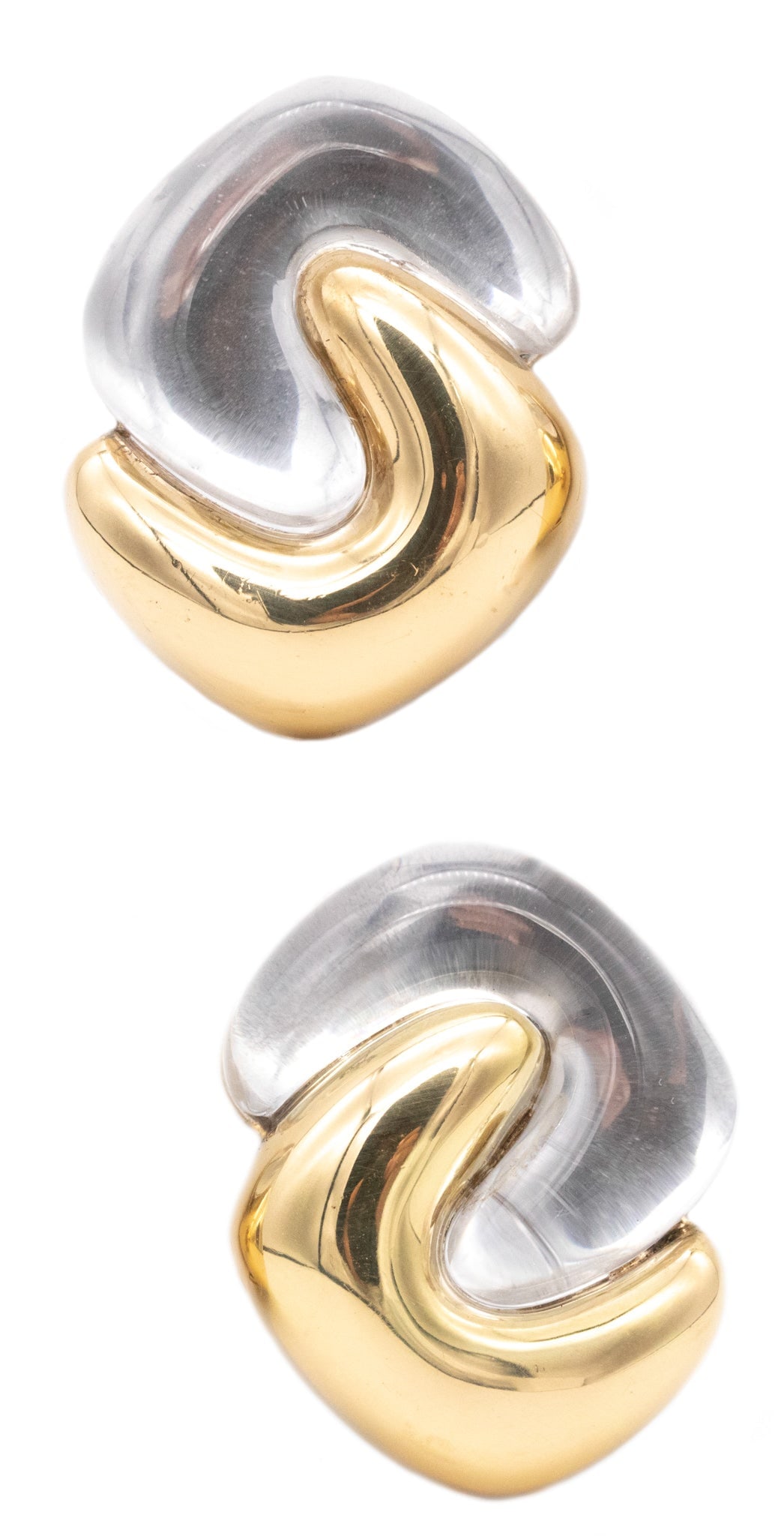 Valentin Magro Modern 18Kt Yellow Gold Earrings With Carved Rock Quartz: Modern sculptural earrings by Valentin Magro, crafted as a mirrored pair in solid 18K yellow gold with a high-polish finish. Set with a perfectly matched pair of asymmetric natural transparent rock qu