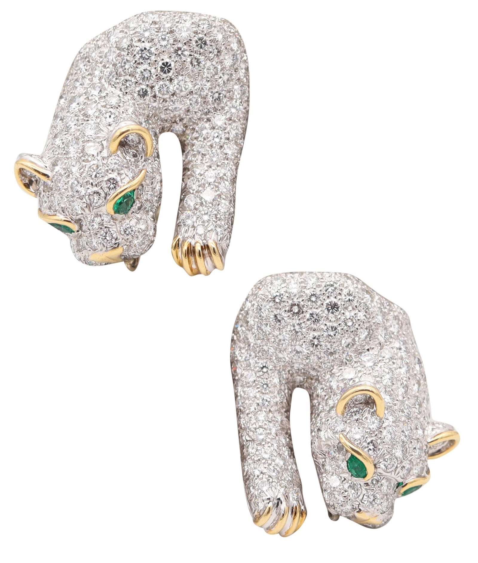DAVID WEBB Panther Clips-On Earrings In Platinum With Diamonds & Emeralds: Bold David Webb panther clip-on earrings, New York, circa 1976–1977, masterfully crafted in .900 platinum with 18K yellow gold accents and a high-polish finish, featuring Webb’s iconic bes