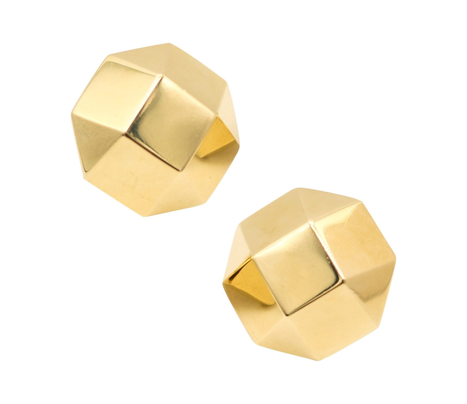 CARTIER 1970 Geometric Faceted Clips-On Earrings In Solid 18Kt Yellow Gold: Fantastic Cartier statement clip-on earrings, Paris, circa 1970, crafted in solid 18K yellow gold with high-polish geometric eight-sided faceted forms—rare, bold Modernist design. Fitted with re