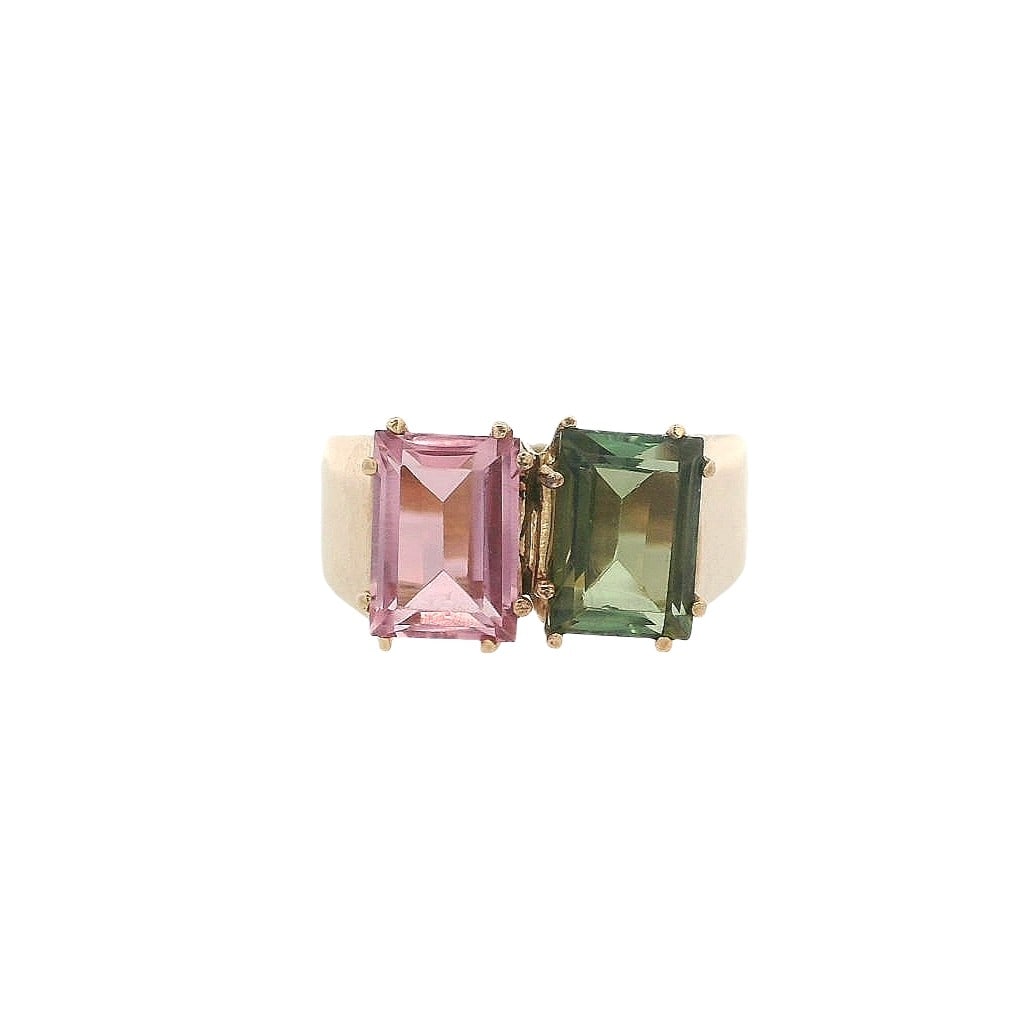 18K Yellow Gold Ring with 2.00 CTW in Tourmaline: Elegant 18K yellow gold ring featuring two vibrant tourmalines in complementary pink and green hues, with a combined weight of approximately 2.00 CTW, set side-by-side in a clean, modern profile that 