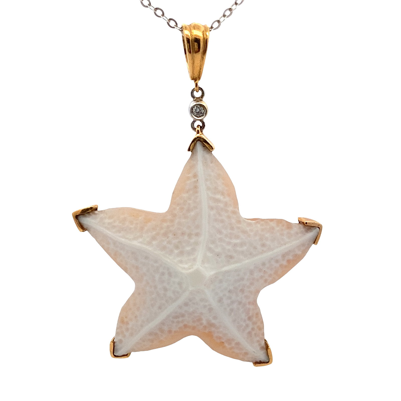 Italian 18K Yellow Gold Starfish Earrings with 0.12 CTW in Diamonds & Cameo: Italian 18K yellow gold starfish earrings featuring carved cameo-style starfish motifs secured with gold prongs, each topped with a round-cut diamond accent totaling approximately 0.12 CTW, graded H c