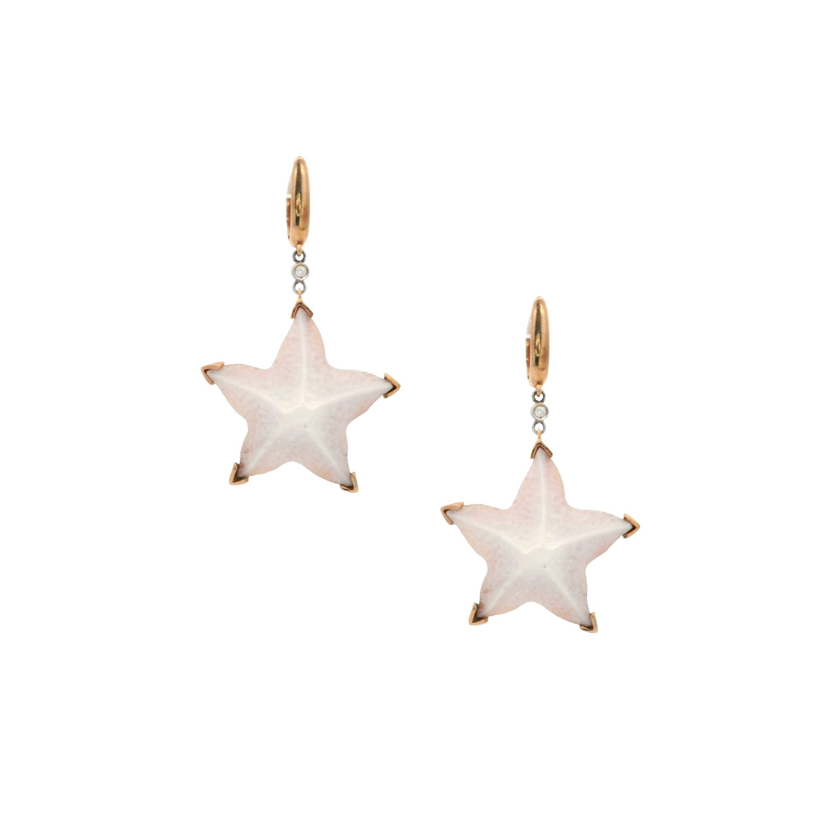 Italian 18K Yellow Gold Starfish Earrings with 0.50 CTW in Diamonds & Cameo: Striking Italian 18K yellow gold starfish earrings featuring carved cameo-style starfish motifs secured with gold prongs, each topped with a round-cut diamond accent totaling approximately 0.50 CTW, g