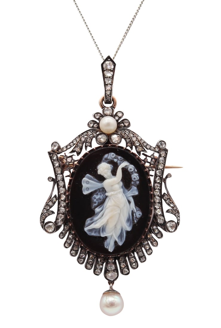 French 1860 Neo Classic Pendant Brooch In 18Kt Gold With Diamonds And Natural Pearls: Magnificent Second Empire era convertible pendant-brooch, Paris, circa 1850–1860, crafted in solid 18K yellow gold with a thin silver-topped layer for the diamond settings, executed in refined n